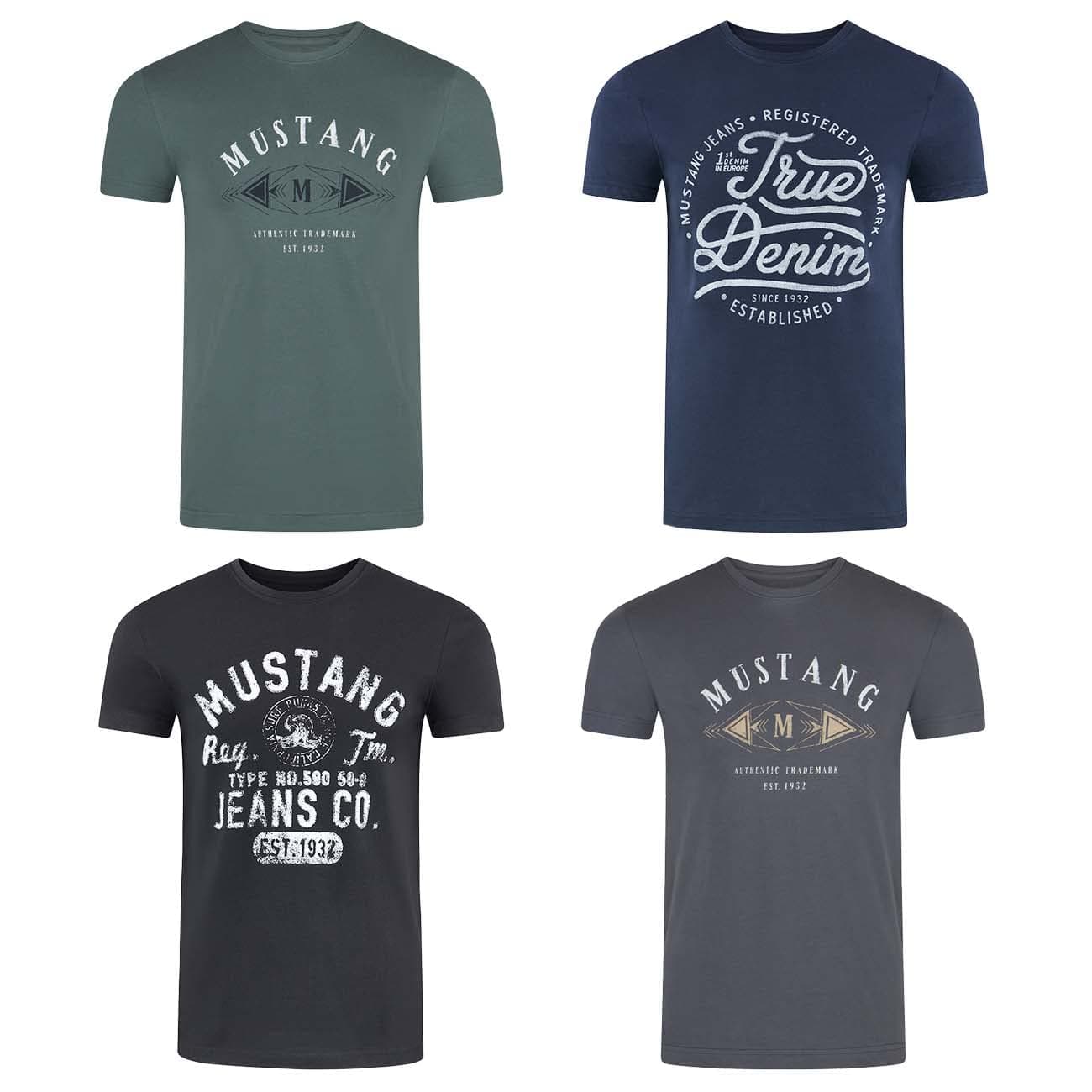 MUSTANG Lot de 4 t-Shirts pour Homme avec imprimé sur Le Devant et col Rond – Mélange de Couleurs Bleu et Noir - Multicolore - Small - Mélange de Couleurs (P1)