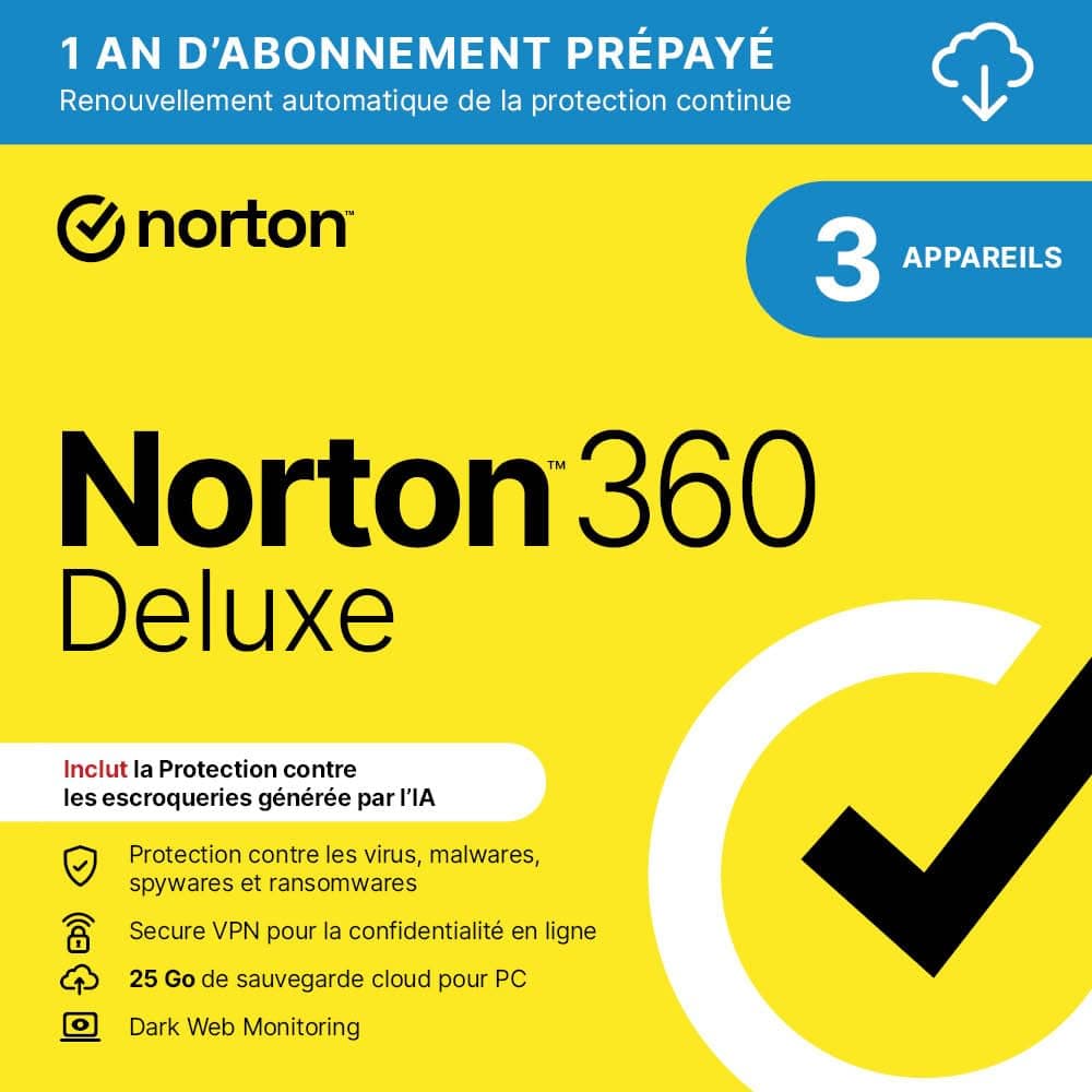 Norton 360 Deluxe |3 Appareils | 1 An d'Abonnement en renouvellement automatique |Téléchargement