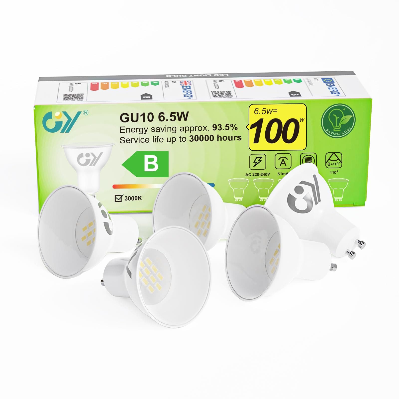 GY Bombilla LED GU10 6.5W (Eq. 100W) 1025LM 3000K Blanco Cálido, No Regulable, 110 Grados Ángulo de haz - Bombillas GU10 LED Pack de 5