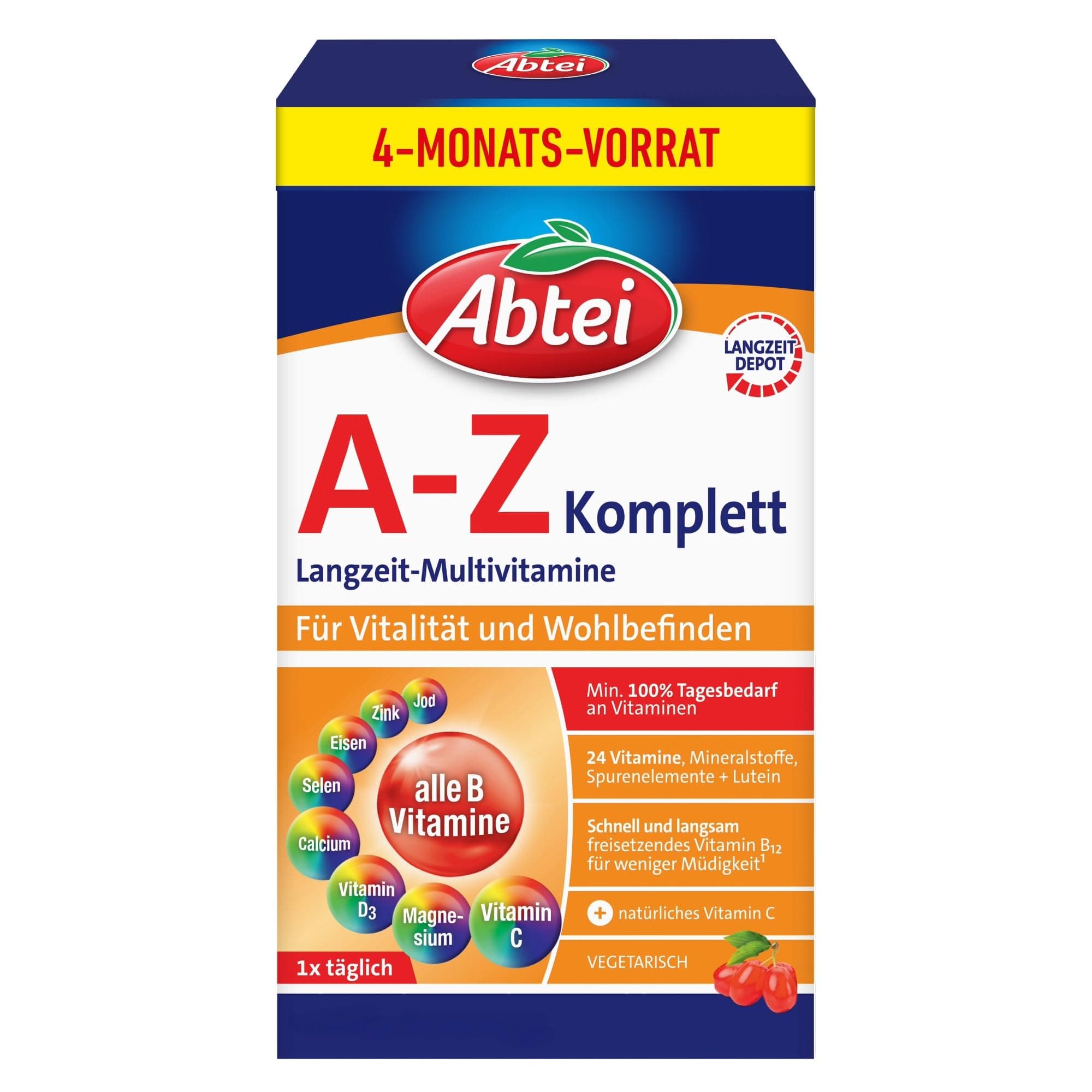 ABTEI A-Z Komplett Langzeit-Multivitamine – Multivitamintabletten mit 24 Vitaminen und Mineralstoffen – für das Wohlbefinden – vegetarisch – Vorratspackung – 120 Tabletten für 4 Monate