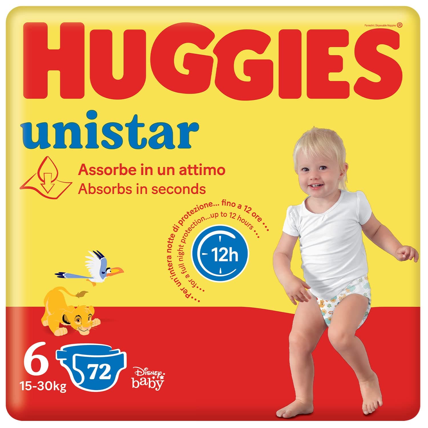 Huggies Unistar, Pannolini Taglia 6 (15-30 Kg), Design Disney, Protezione completa, 72 Pz