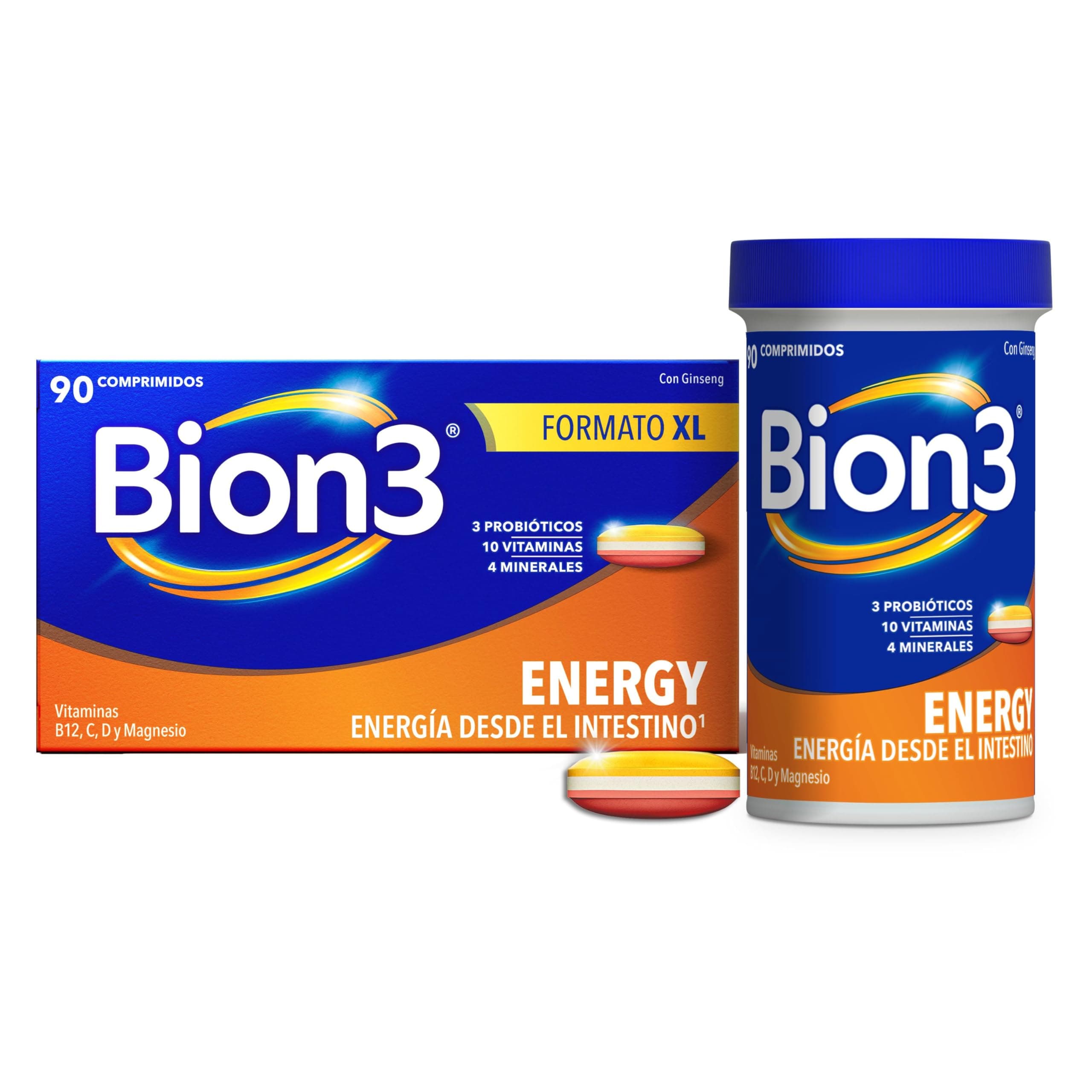 Bion3 Energy Comprimidos Multivitamínicos con Probióticos, Complemento Alimenticio para Energía Física y Mental¹ y Reducción de Fatiga¹, Magnesio, Vitamina C, D, Complejo B, y Ginseng, 90 comprimidos