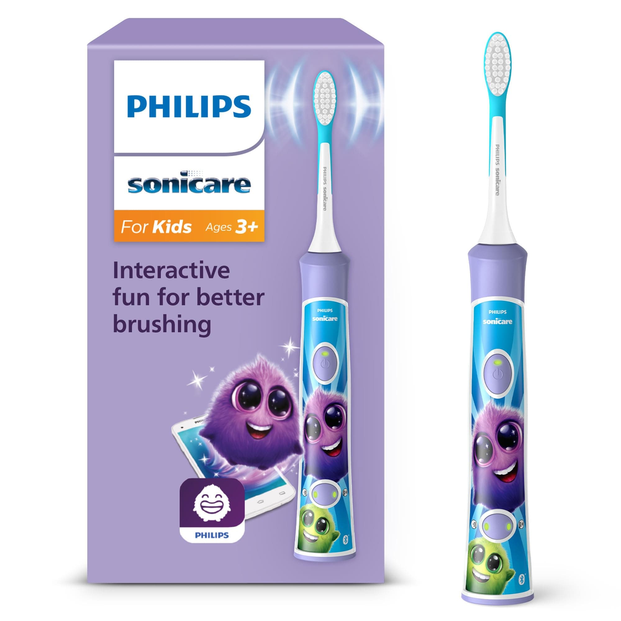 Philips Sonicare For Kids, elektrische Schallzahnbürste mit App, für Kinder ab 3 Jahren, mit SmarTimer und QuadPacer für eine gründliche Reinigung, Lila, Modell HX6322/12