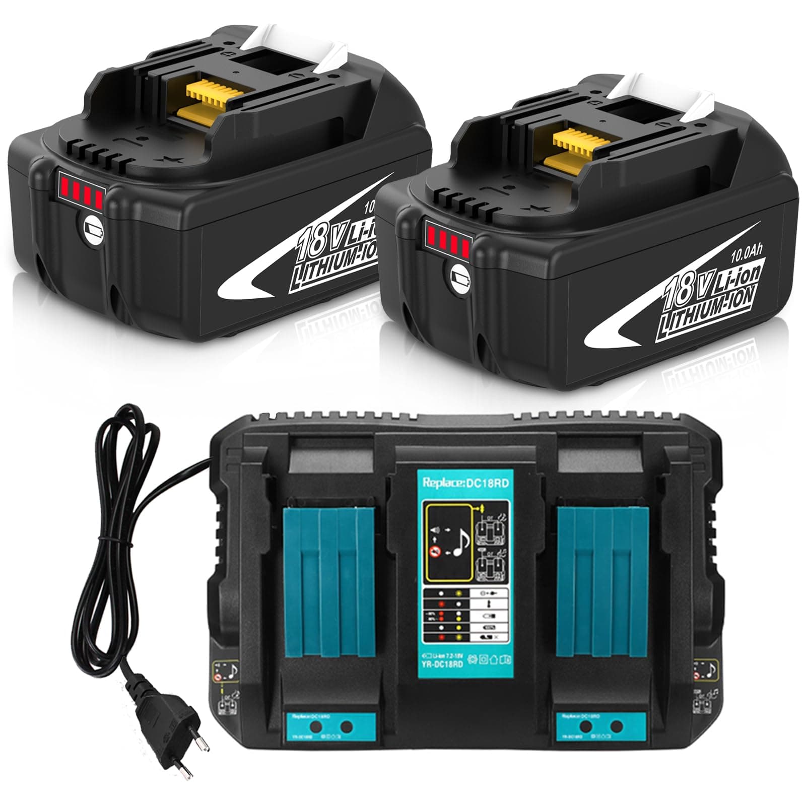 Pack de 2 Batteries 10.0Ah de Rechange pour Makita Batterie 18V BL1860B + Chargeur à Double Port DC18RD Compatible Outils sans Fil LXT DHP485 DTD154 DHS68-Haute Autonomie pour Chantier/Jardin