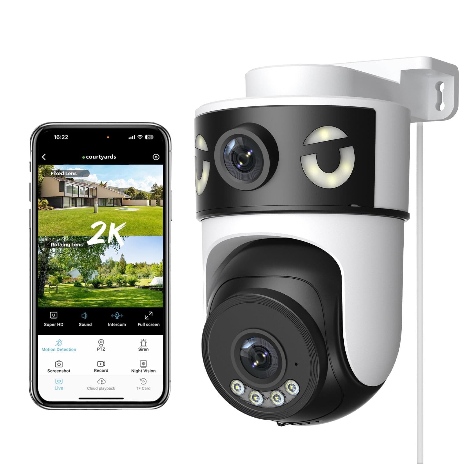 Reobiux 2K Camara Vigilancia WiFi Exterior con Doble Lente, Cámara IP Vigilancia Domicilio con Visión Nocturna Color, Seguimiento Automático, Audio Bidireccional, Grabación Continua 24/7, IP66