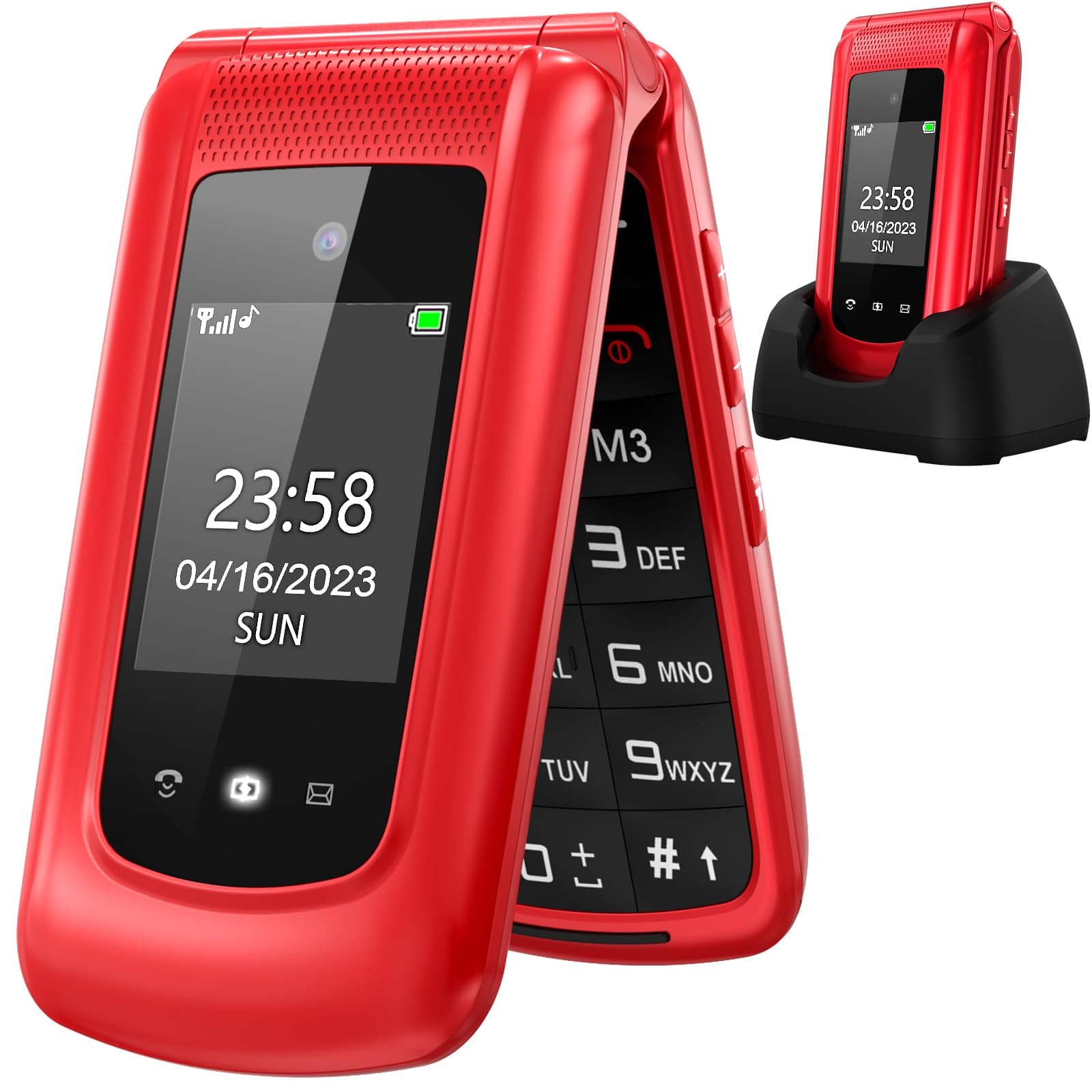 uleway GSM Telefono Cellulare per Anziani,Tasti Grandi,Volume alto,Funzione SOS,Pantalla 2.4,Base di ricarica e fotocamera(Rosso)(con 1 * batteria 1000mAh)