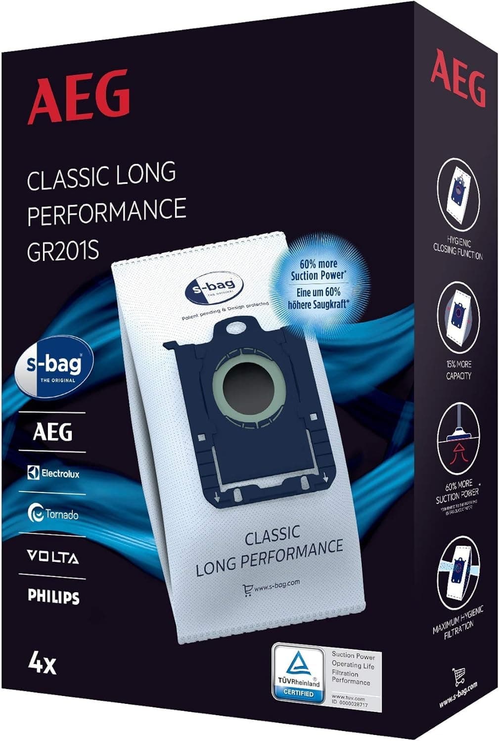 AEG GR201S s-Bag Staubbeutel Classic Long Performance (4 Staubsaugerbeutel für dauerhaft hohe Saugleistung, optimale Filtration, Hygieneverschluss, 60% mehr Saugkraft, weiß)