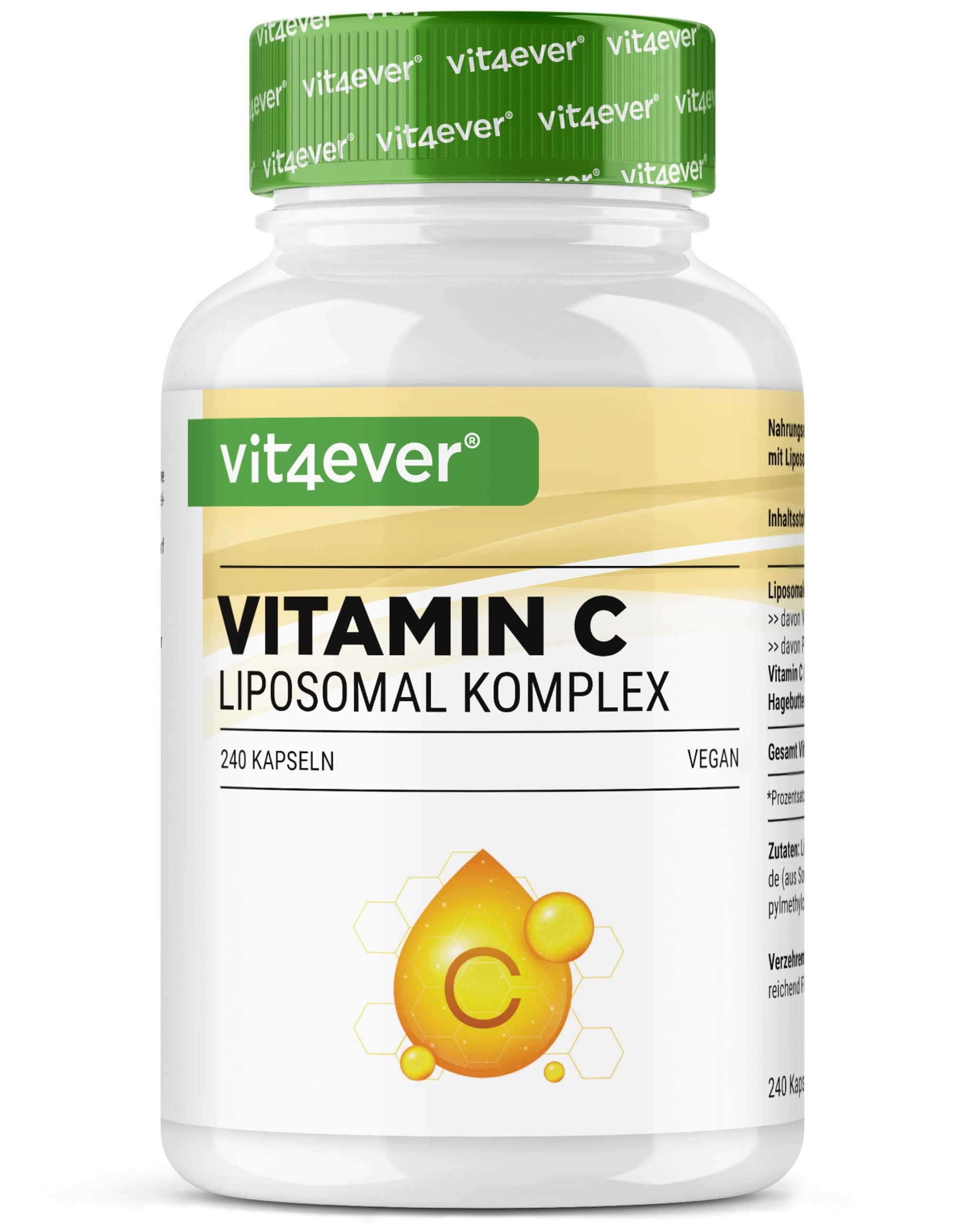 vit4ever Liposomales Vitamin C - 240 vegane Kapseln - Premium: Hochdosiert mit 1000mg reinem Vitamin C pro Tag - Besonders hohe Bioverfügbarkeit