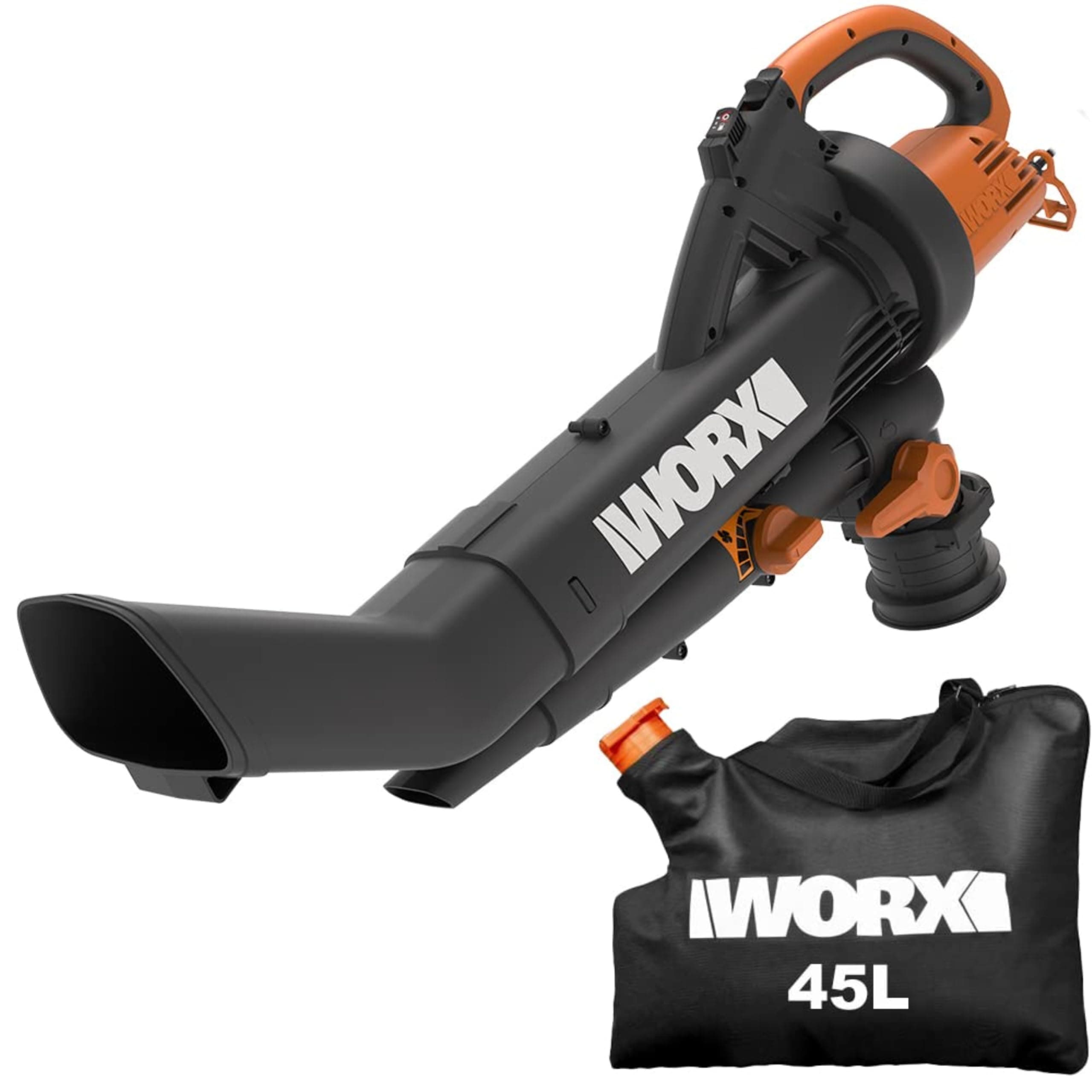 WORX Souffleur Aspirateur Broyeur 3000W WG505E, Outil 3 en 1, Vitesse de soufflerie de 335km/h, Sac de 45L, Vitesse Variable, léger et maniable à Une Main