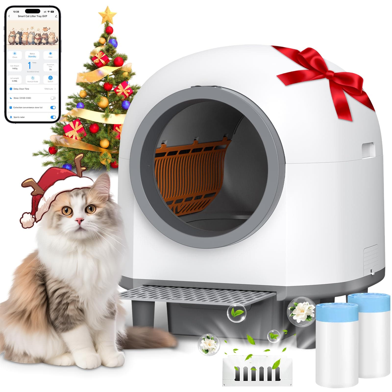 RWSRW Litiere Chat Autonettoyante XXL, 80L Bac à Litière à Nettoyage Automatique par APP et 9 Capteurs, Automatique avec Contrôle pour Les Grands Chats (Max. 8kg)