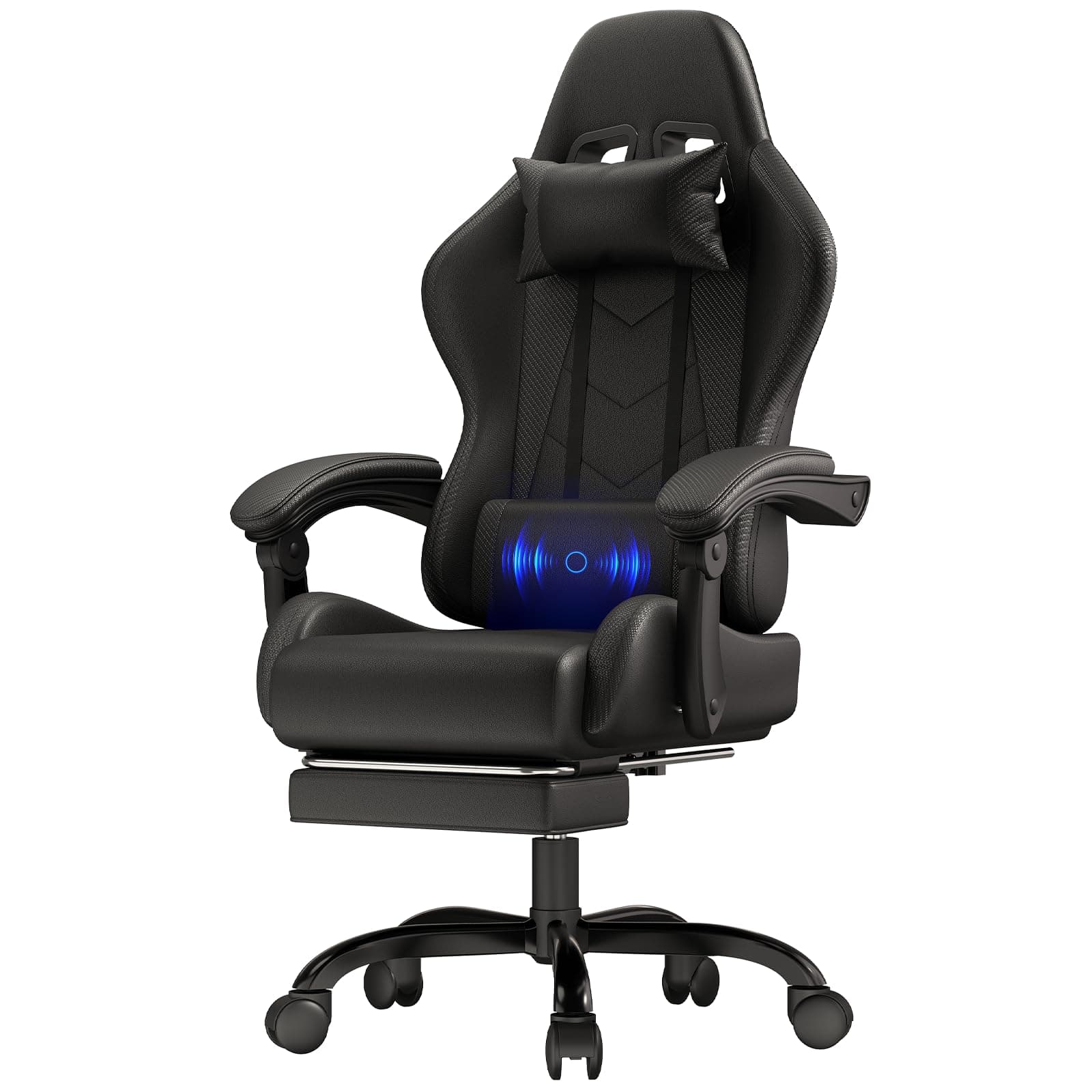 JUMMICO Sedia da gaming da ufficio, ergonomica, con cuscino lombare massaggiante, schienale regolabile 90-150°, e poggiapiedi, capacità di carico 150 kg, colore: nero