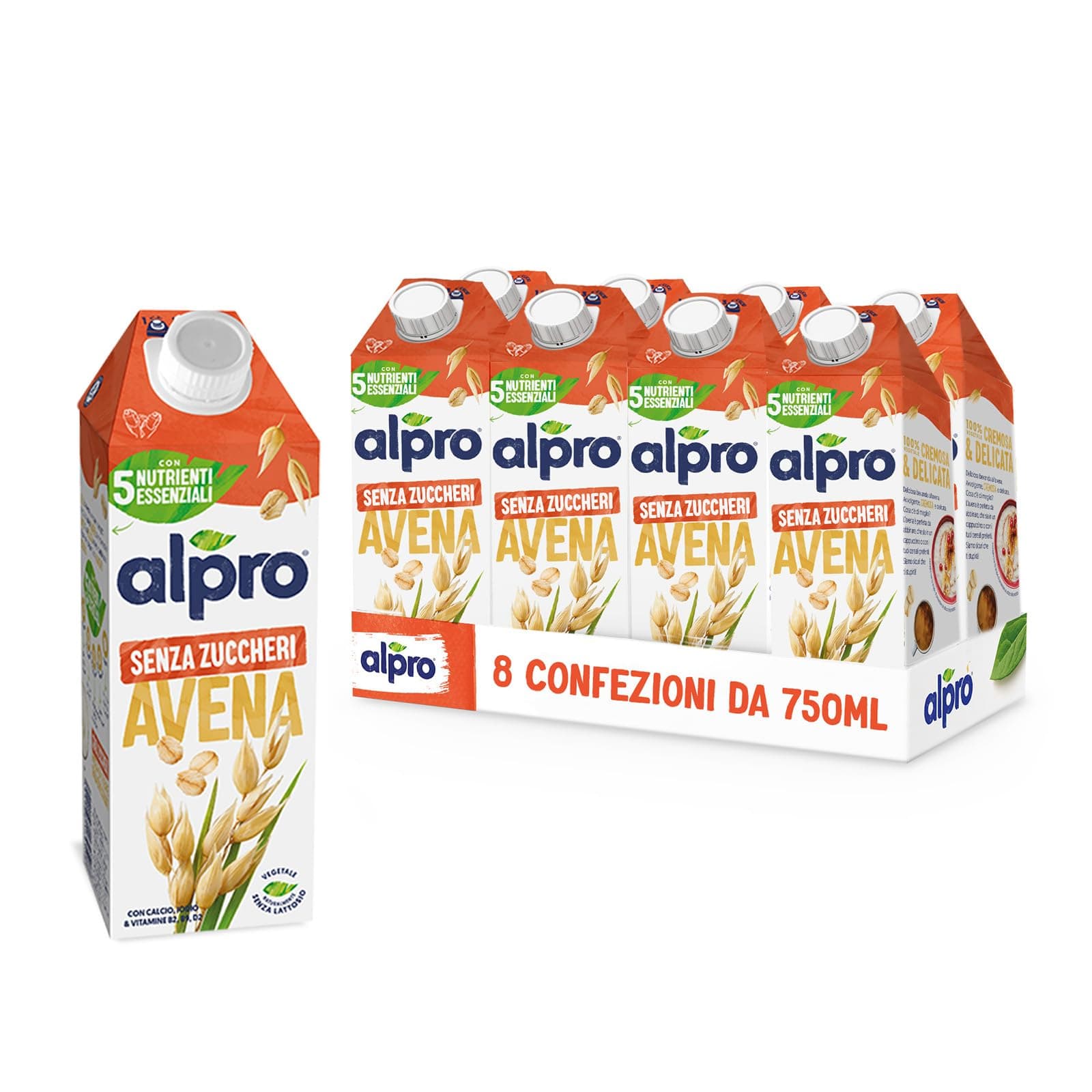 ALPRO SENZA ZUCCHERI, Bevanda all'AVENA, Alternativa Vegetale al Latte, Naturalmente Senza Lattosio, con vitamine B2 e D2, Fonte di Calcio - 8 confezioni da 750 ml
