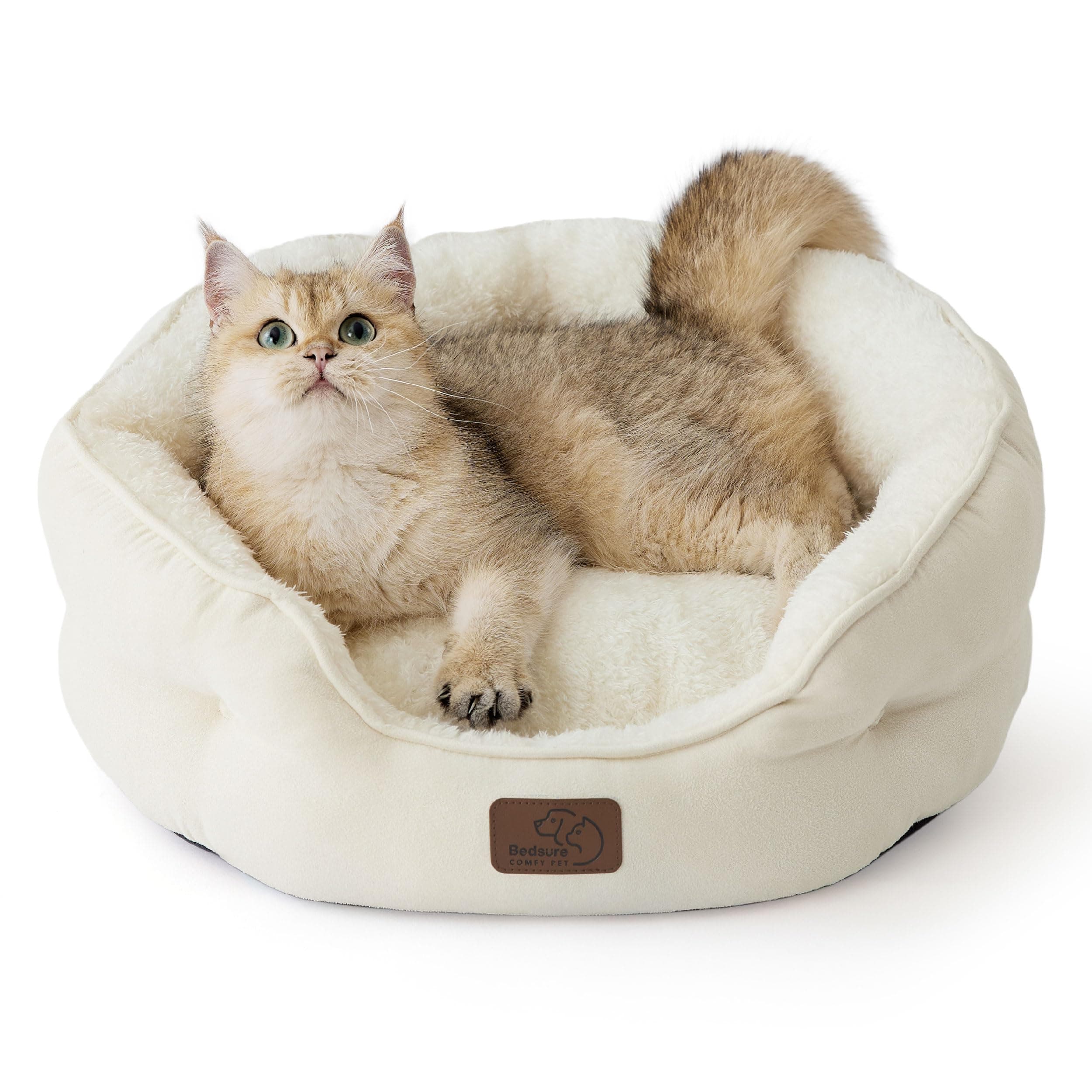 BEDSURE Katzenbett waschbar Katzen Bettchen - 51x48x15cm Katzenbett mit zweiseitig Innenkissen Katzenschlafplatz für Katzen oder kleine Hunde, weiß