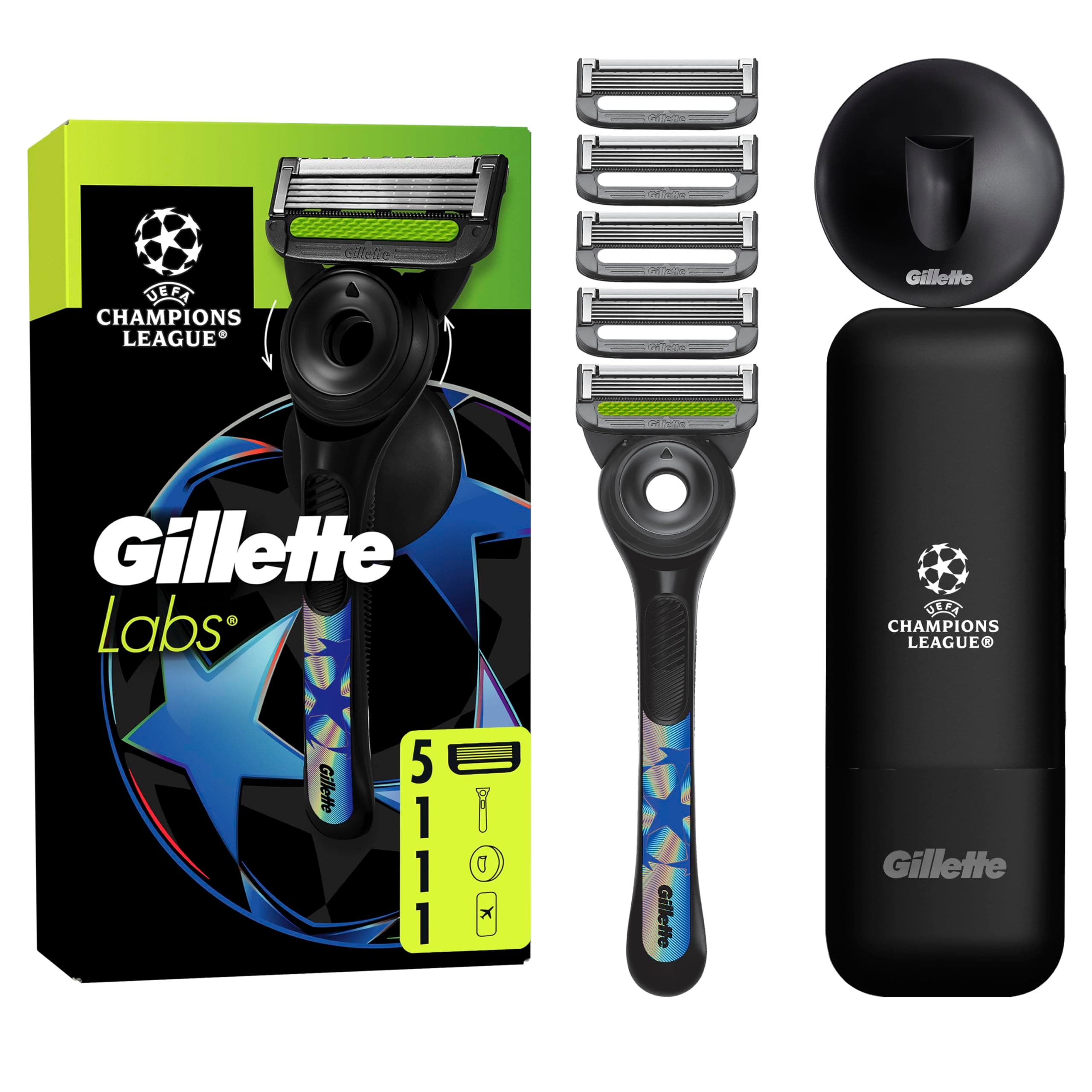 GilletteLabs UEFA Champions League Special Edition Maquinilla De Afeitar Para Hombre Con Barra Exfoliante, 1 Mango + 5 Recambios, Incluye 1 Estuche De Viaje y 1 Colgador De Pared