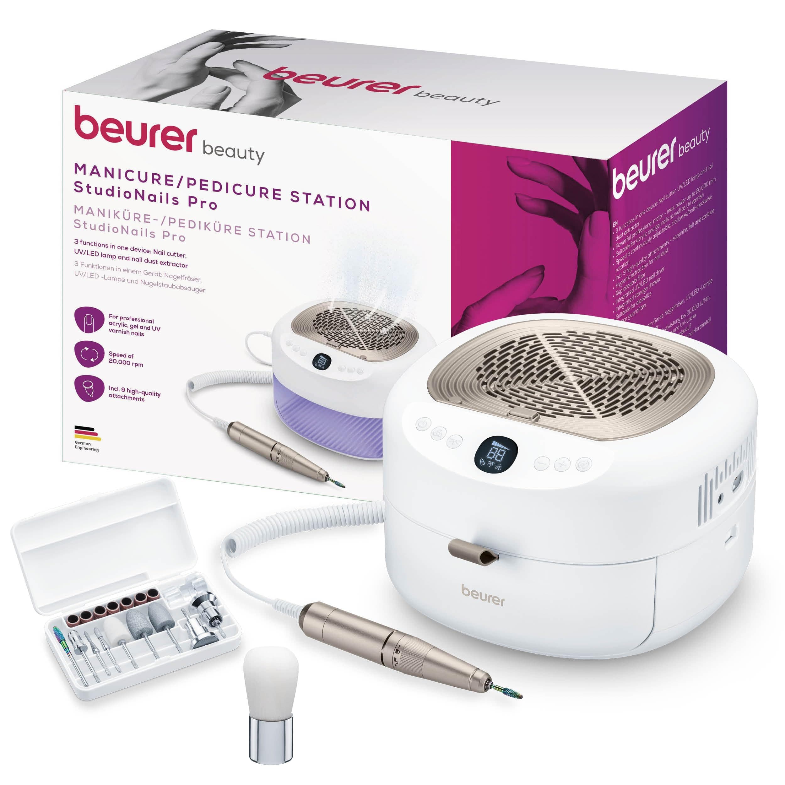 Beurer MP 200 StudioNails Pro estación profesional de manicura/pedicura 3 en 1, cortaúñas eléctrico con lámpara UV/LED y extractor de polvo, apto para uñas de gel y acrílicas, 26.000 rpm, 9 accesorios
