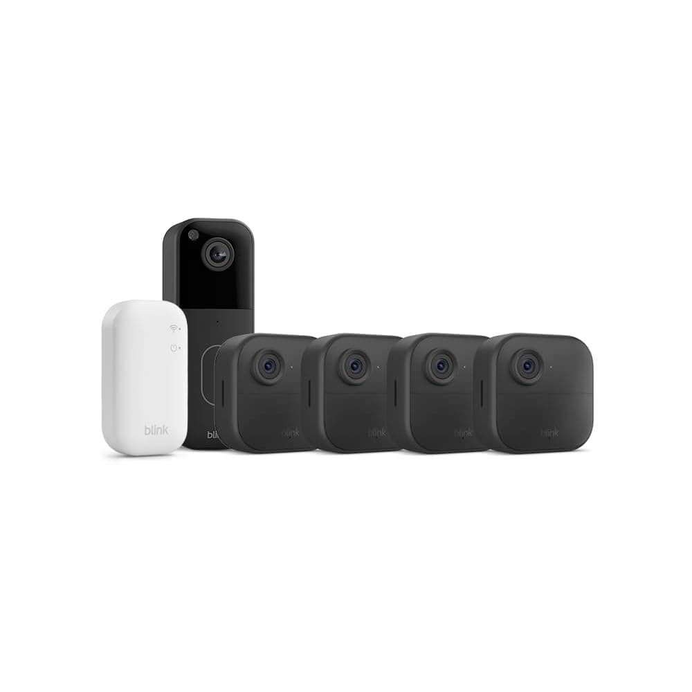 Nouvelle caméra Blink (Outdoor 4) + sonnette vidéo supplémentaire Blink (noir) : caméra de surveillance connectée HD sans fil, 2 ans d'autonomie (système 4 caméra avec Sync Module Core)