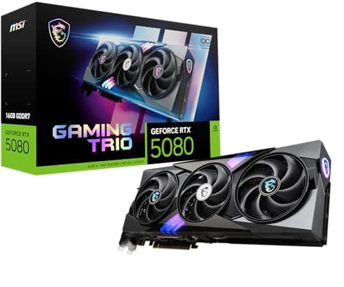 MSI NVIDIA GeForce RTX 5080 16G Gaming Trio OC Carte Graphique - 16 Go GDDR7 (30 GB/s, 256-bit), PCIe 5.0, TRI FROZR 4 (3 x Ventilateurs STORMFORCE), RGB - HDMI 2.1b, DisplayPort 2.1b