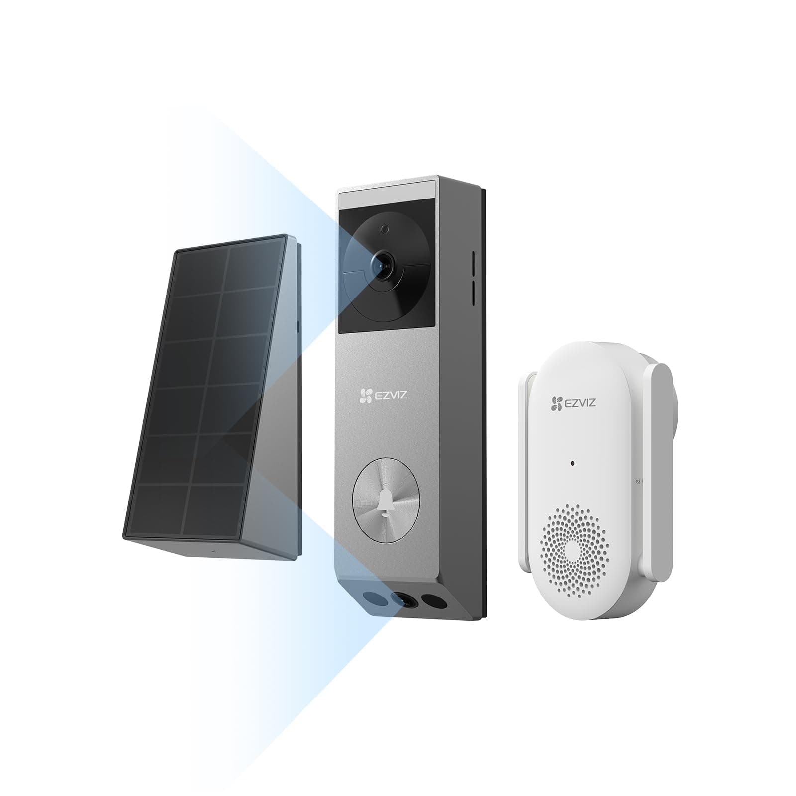 EZVIZ 2K Sonnette vidéo sans Fil avec caméra+Panneau Solaire+Carillon, Double Objectif, détection de Personnes/Paquet, Vision Nocturne en Couleur, changeur de Voix, 32 Go eMMC intégré EP3x Pro+CH1