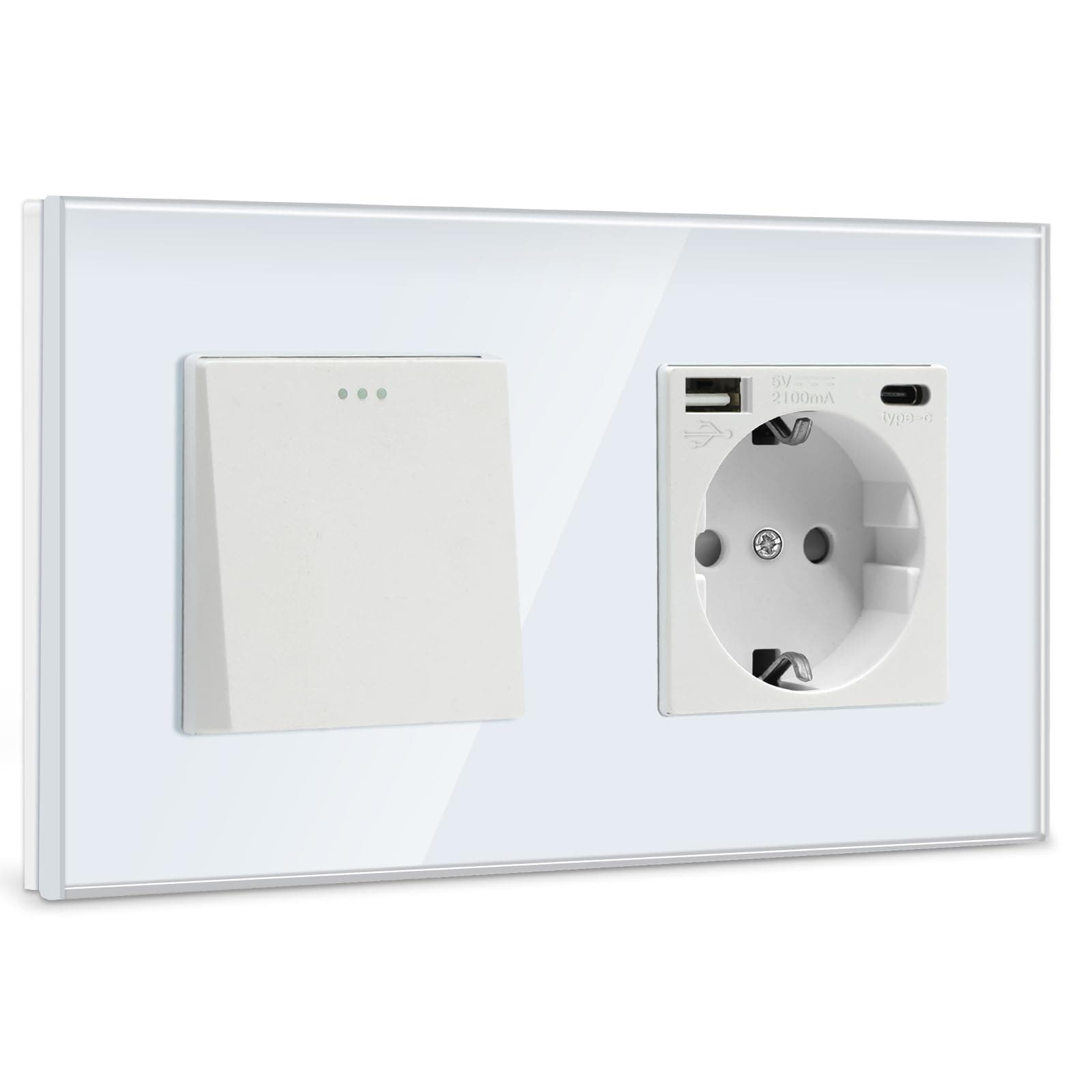 BSEED Interruptor de pared con Enchufe Blanco,1 Gang 2 Vías Interruptor conmutador+16A Schuko Enchufe con 1 Puerto Tipo C y 1 Puertos USB,16A