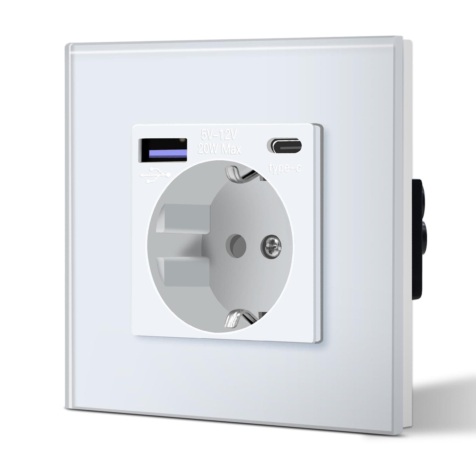 BSEED Steckdose aus Glas mit 20W USB C, Schnellladegerät Wandsteckdose, 3 in 1 Unterputz Steckdosen, Einfache Installation, 240V 16A, 86mm 1 Fach Weiß