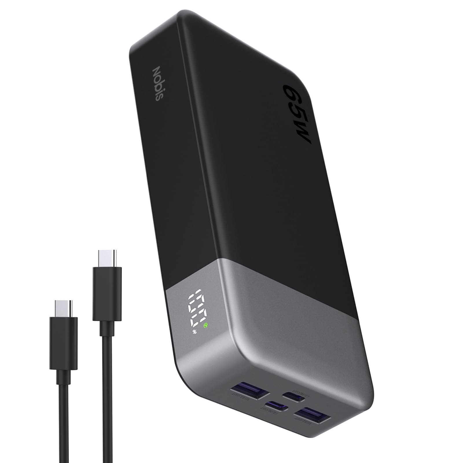 NOBIS 65W Batterie Externe 20000mAh, Batterie Externe Charge Rapide PD QC, 2*USB-C (in/Out) & 2*USB-A Power Bank avec écran Digital pour Ordinateur Portable, téléphone, Tablette, écouteurs