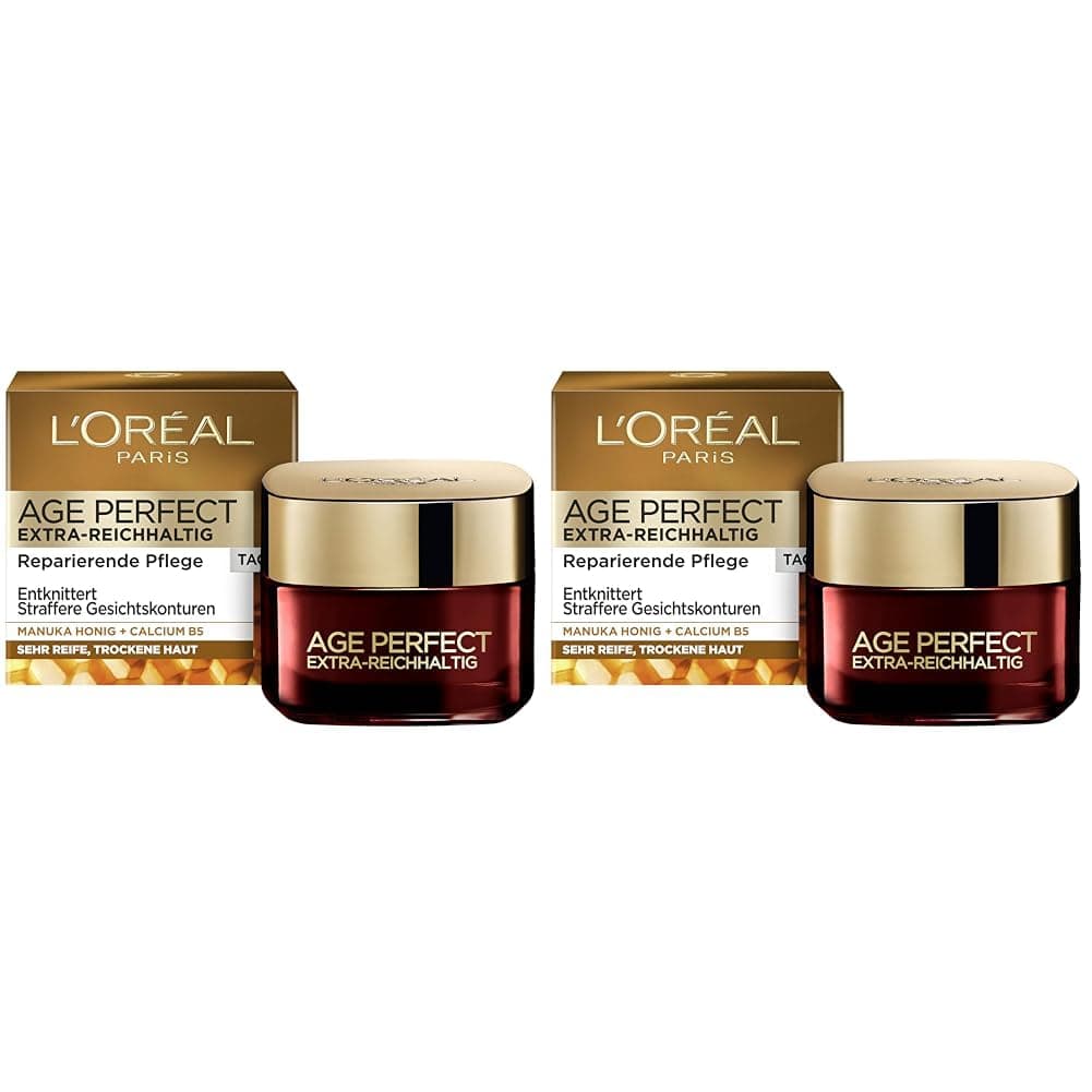 L'Oréal Paris Tagespflege, Age Perfect Extra-Reichhaltig, Anti-Aging Gesichtspflege, Entknittern und Straffen, Für sehr reife und trockene Haut, Mit Manuka Honig und Calcium B5, 50ml (Packung mit 2)