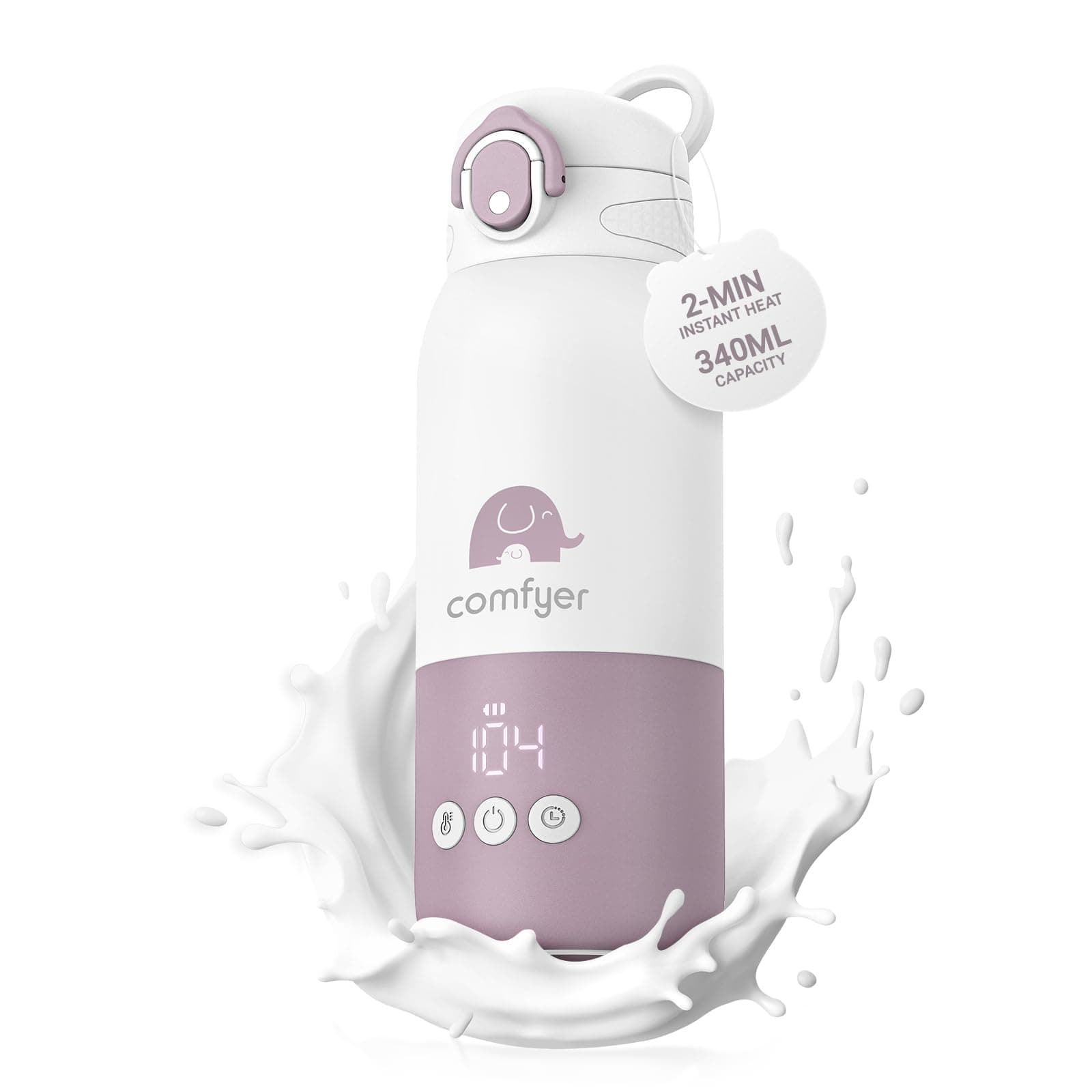 Comfyer BW01 Calienta Biberones Portatil para Viaje, Calentamiento Rápido y Larga Duración de la Batería, 2 Modos para Leche Materna y Agua, 340ml de Capacidad para Viajes Morado y blanco