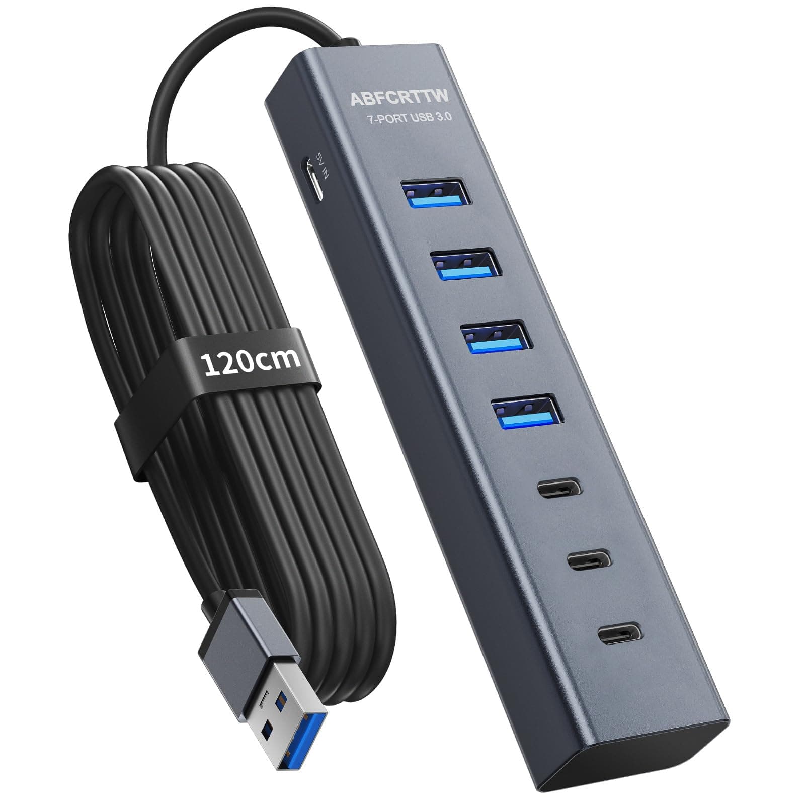 7 Port Hub USB 3.0, Aluminium Hub avec 120cm Câble pour PC Bureau, USB Adaptateur Multiport avec 4 USB-A & 3 USB-C, 5V 3A Type-C pour PC, Laptop, MacBook, MacBook, Souris, Clavier, Disque U etc