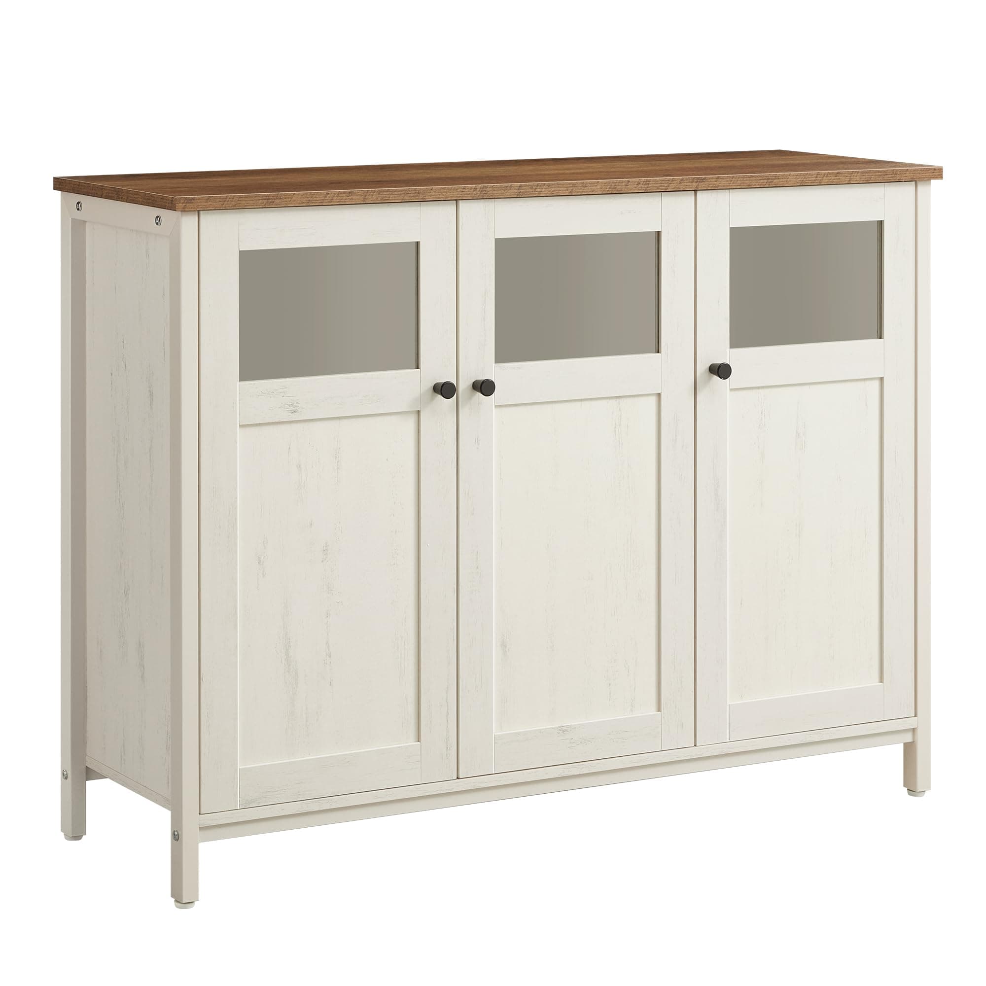 VASAGLE Sideboard, Küchenschrank, Aufbewahrungsschrank, mit Glastüren, für Wohnzimmer, Küche, Esszimmer, Stahlrahmen, Industriestil, honigbraun-vintageweiß LSC099WJ02
