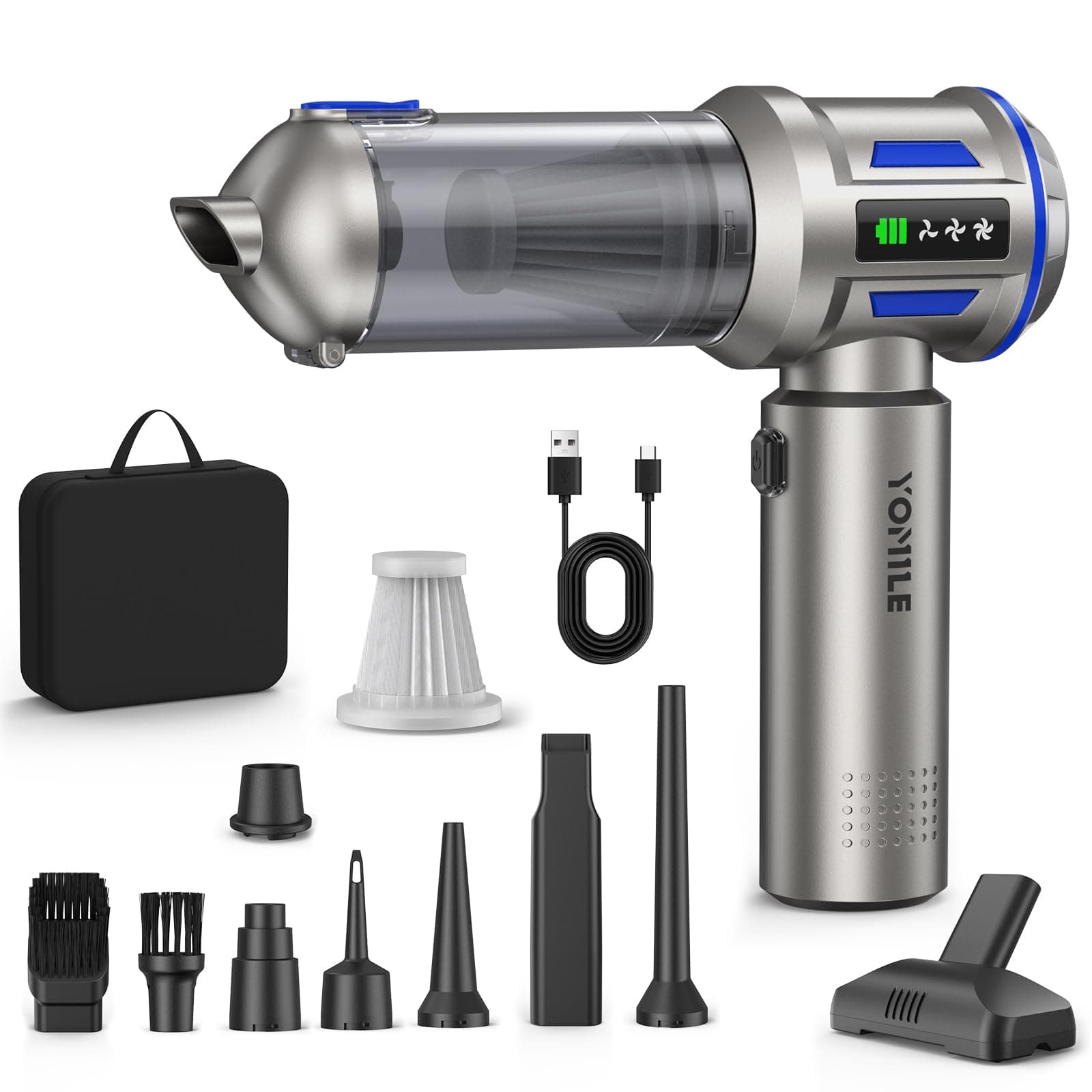 Yomile Aspirabriciole Senza Fili, 27000PA 4 in 1 Aspirapolvere per Auto Portatile,Aspiratore e Soffiatore con Motore Brushless Mini Aspirabriciole Senza Fili Potente per Auto Casa (AD10, 27000)