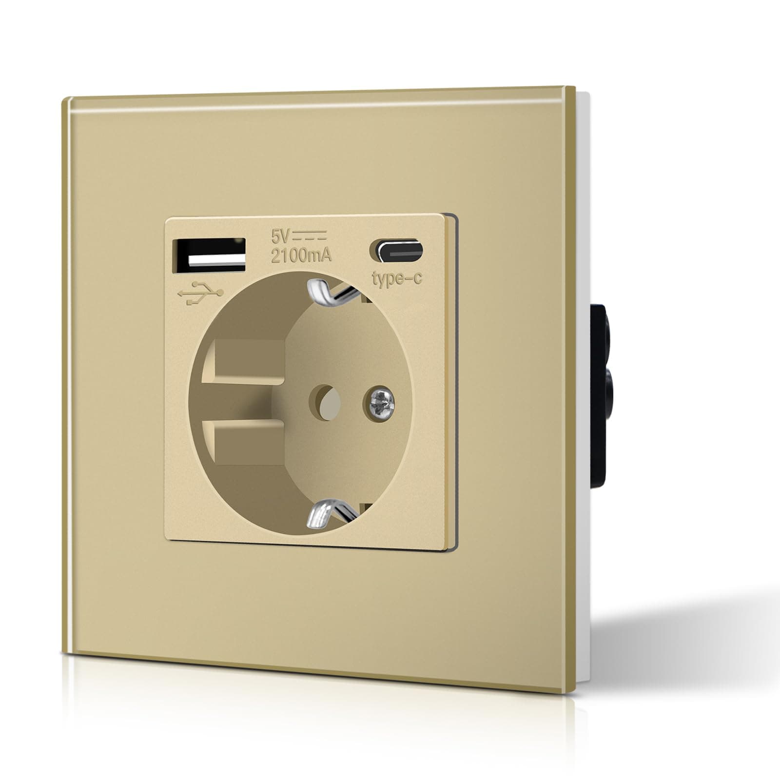 BSEED Enchufe de Pared con USB C,Enchufe Estándar Schuko con Cristal,3 EN 1,Seguridad infantil,Fácil de Instalar,M Serie,1 Enchufe con USB y Tipo C,86mm Oro