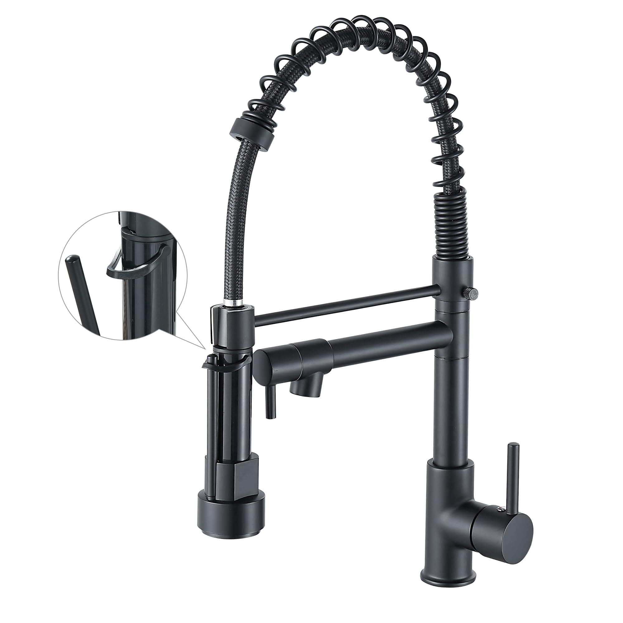 Grifo de cocina con rociador extraíble de arco alto, grifo de cocina de una sola manija con resorte, grifo de fregadero de cocina mate negro