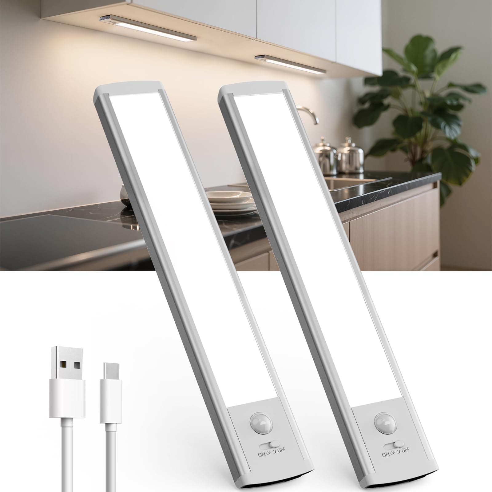 TANSOOL+ Lampe de Placard, 20cm USB-C Eclairage LED Rechargeable, Lampe Détecteur de Mouvement, Lampe LED sans Fil pour Armoire, Placard, Escalier - 2 Pièces