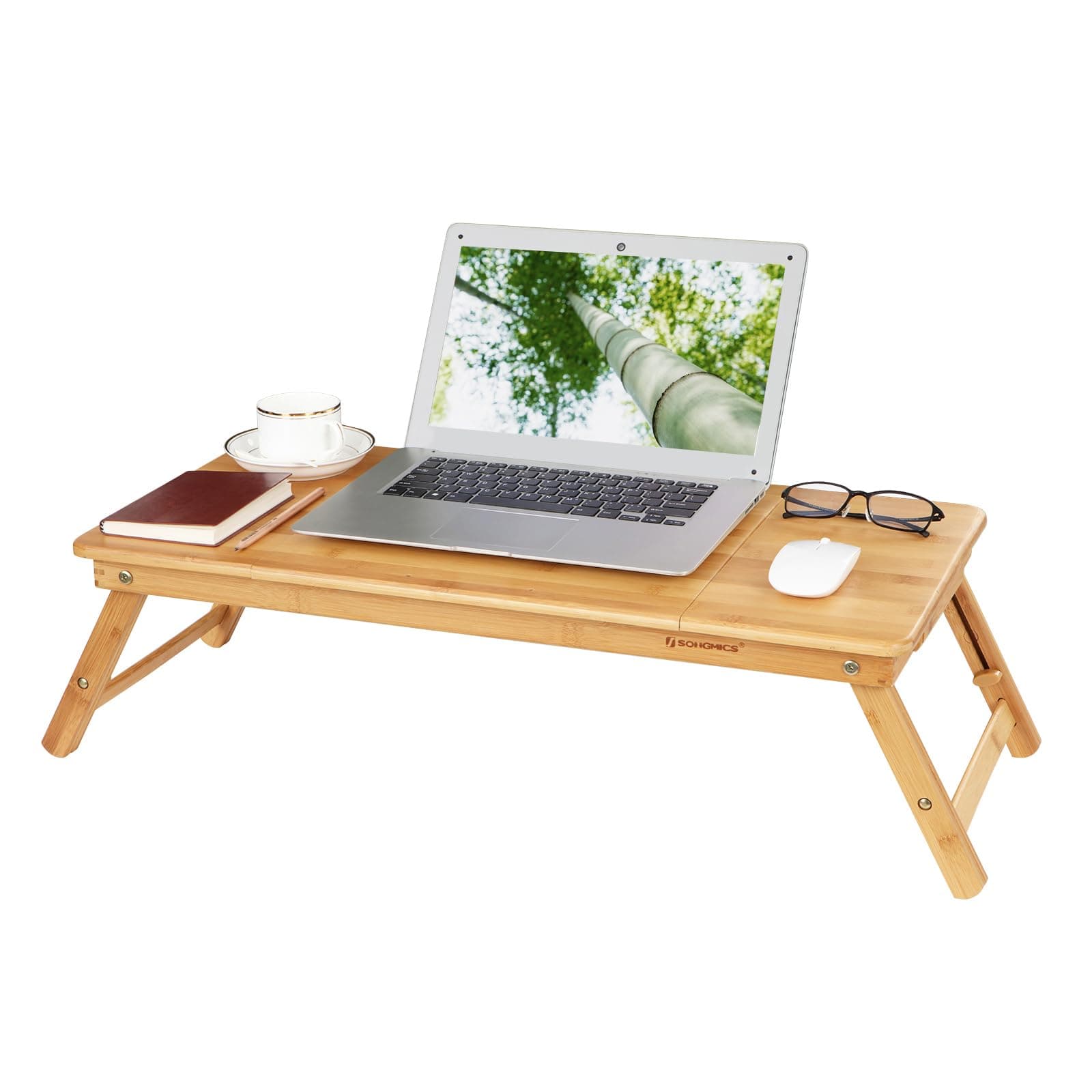 SONGMICS Laptoptisch, klappbarer und höhenverstellbarer Notebooktisch, mit Lüftungslöchern, für Links- und Rechtshänder, Betttisch aus Bambus mit Schublade, 71,5 x 35 cm, naturfarben, LLD004