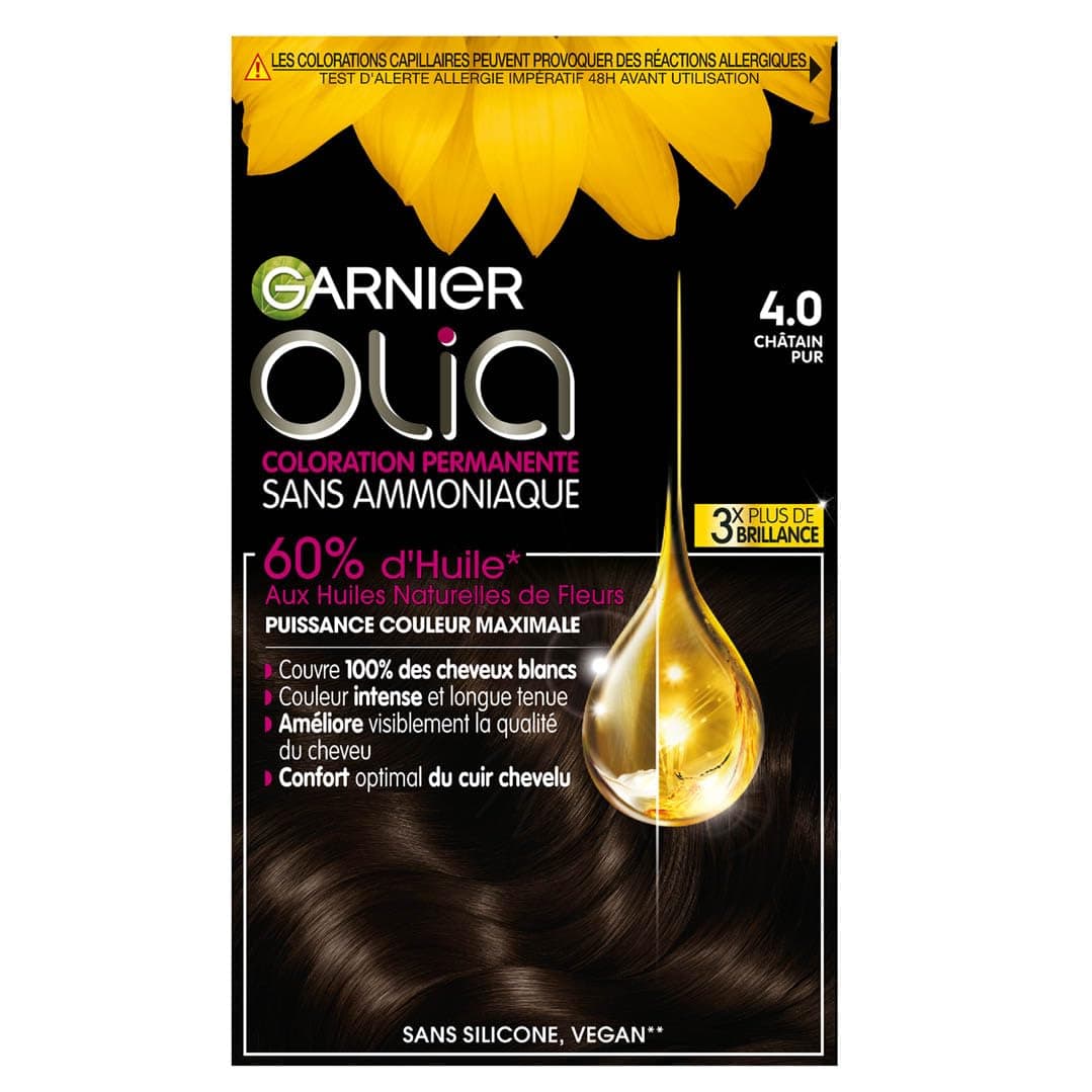 Garnier Coloration Permanente - Sans Ammoniaque - Aux Huiles Naturelles de Fleurs - Châtain Pur (4.0) - Olia