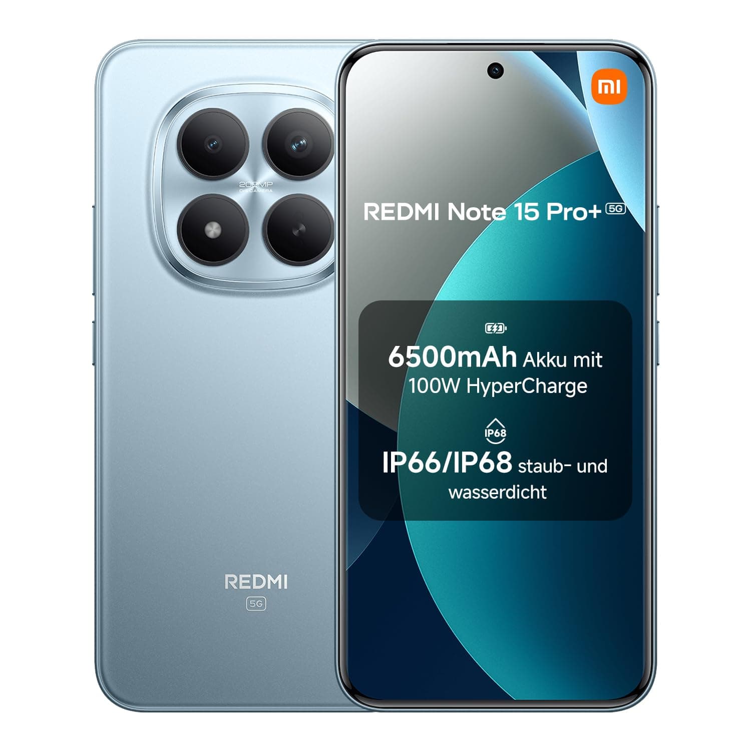 XIAOMI Redmi Note 15 Pro+ 5G Smartphone (12+512 GB) – 6500-mAh-Akku, IP66/IP68 Staub- und Wasserschutz, Neue 200-MP-Kamera, 6,83" AMOLED-Display, Gletscherblau, 2 Jahre Garantie