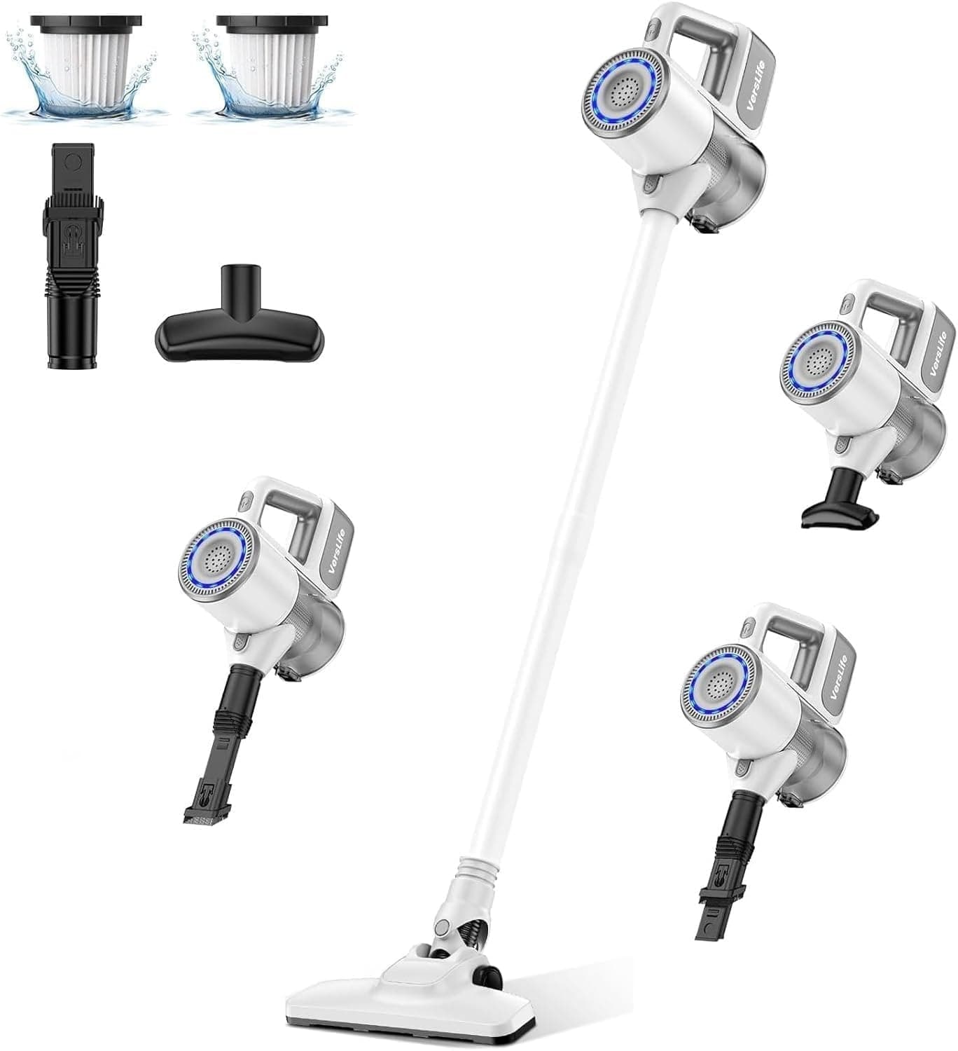 VersLife S6 Aspiradora Escoba sin Cable 2 en 1 con Tubo de Extensión, Multifuncional, Múltiples Boquillas, Carga por USB Tipo C, Filtro HEPA, Múltiple Filtración, para Suelos de Madera/Sofás/Coche