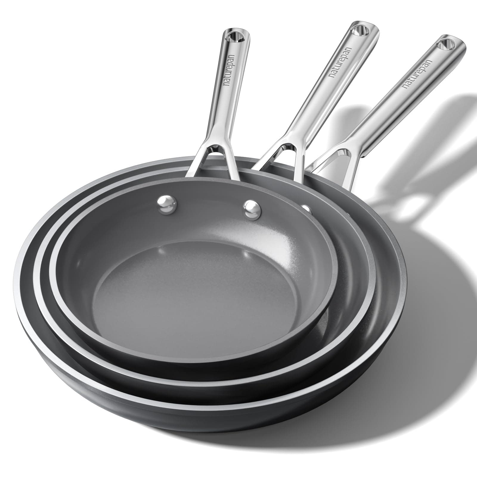 naturepan DiamondTitan Set 3 Sartenes Cerámicas (20+24+28 cm), Antiadherente para Todas Cocinas, Sin PTFE PFAS PFOA, Aptas para Horno, Lavavajillas con Mango que Permanece Frío (Gris)