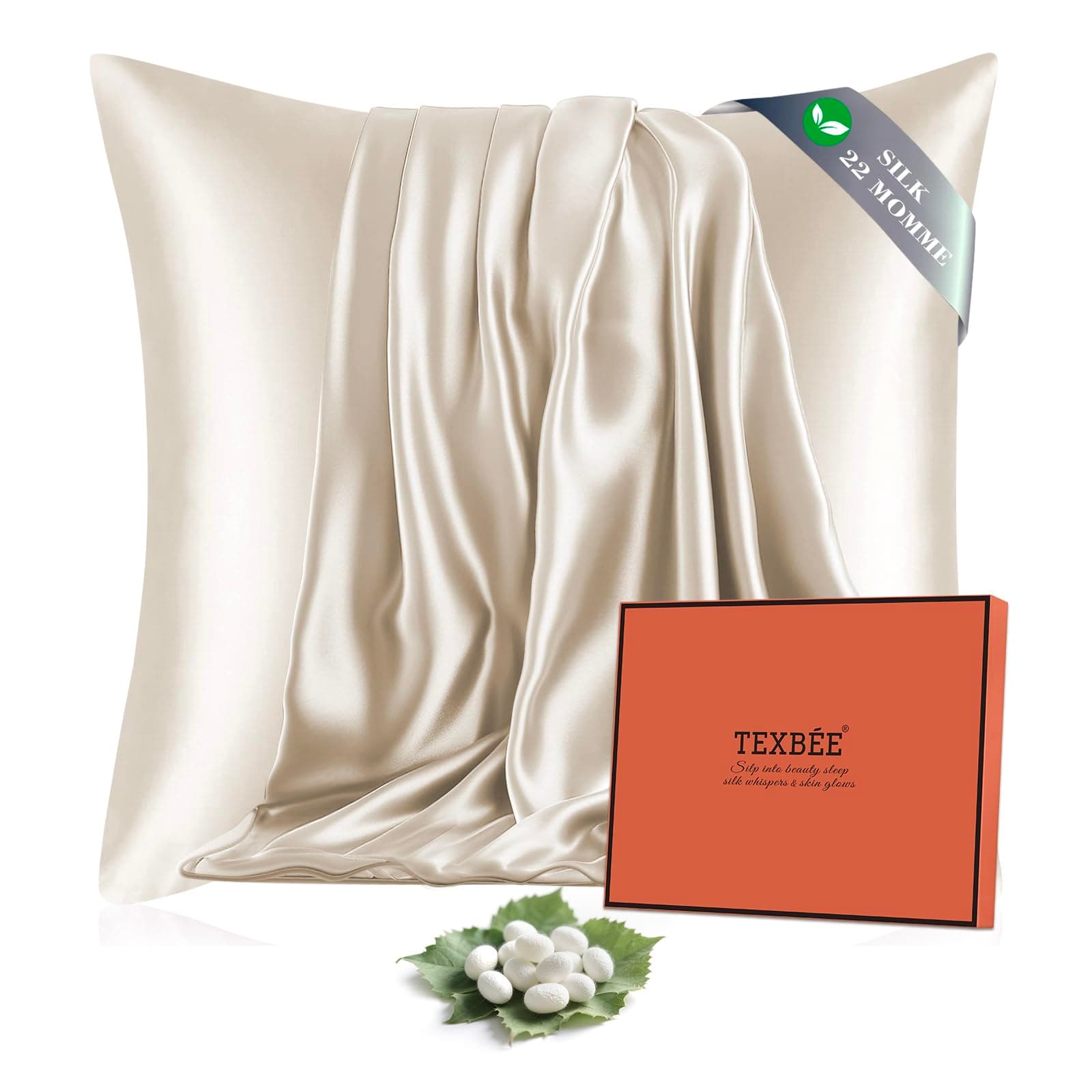 Texbee Taie d Oreiller en Soie 22 Mommes Soie Mûrier Naturelle, Anti-Âge pour Cheveux et Peau, Douceur Extrême Respirante, Coffret Cadeau -ldéal pour Offrir, Taies d'Oreillers 65x65 cm, Beige