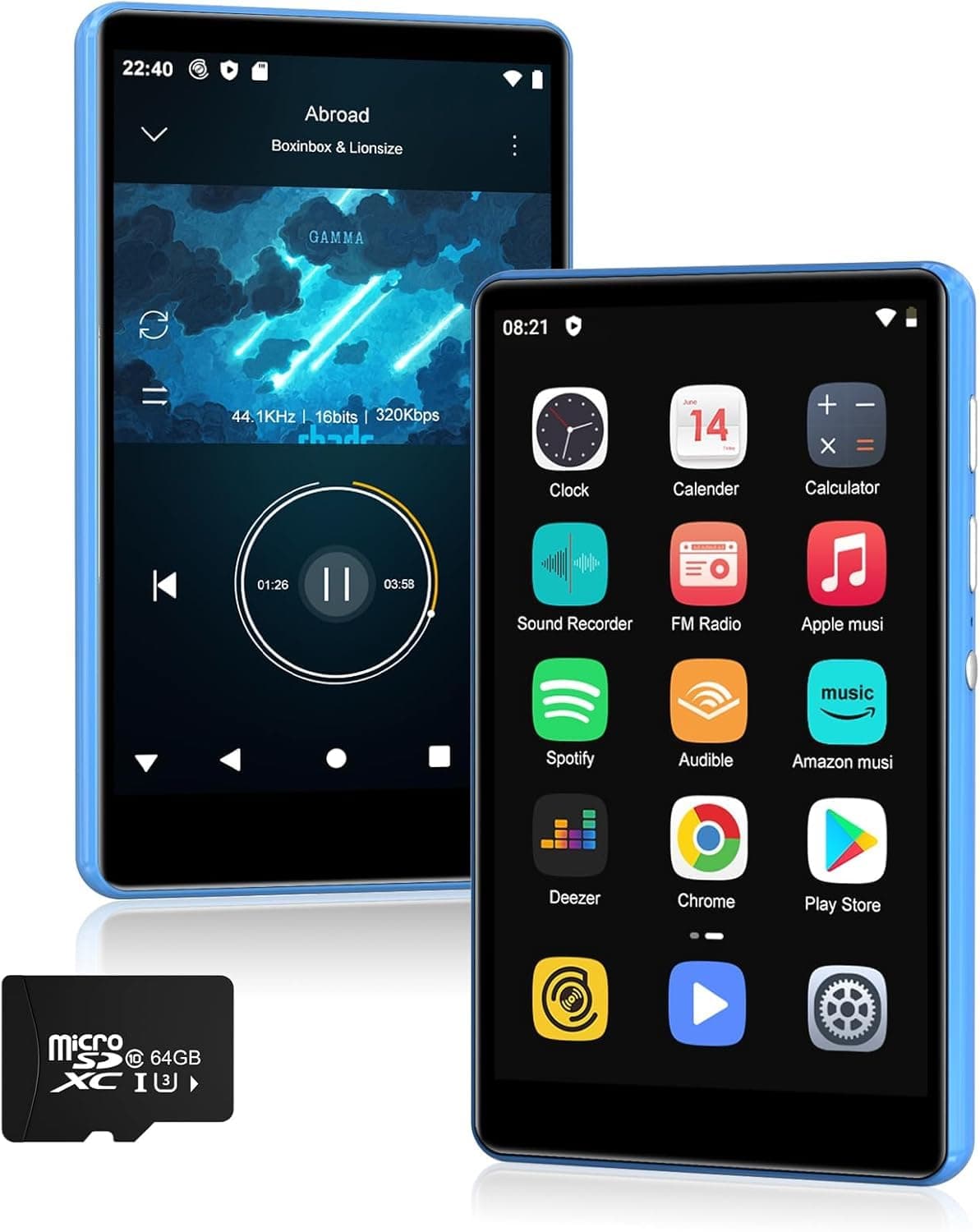 Reproductor MP3 de 80 GB con Bluetooth y WiFi, SWOFY Pantalla táctil 4,0", Reproductor MP3/MP4 portátil estéreo con Radio FM, grabadora, Libro electrónico y navegador. (Negro) (Azul)