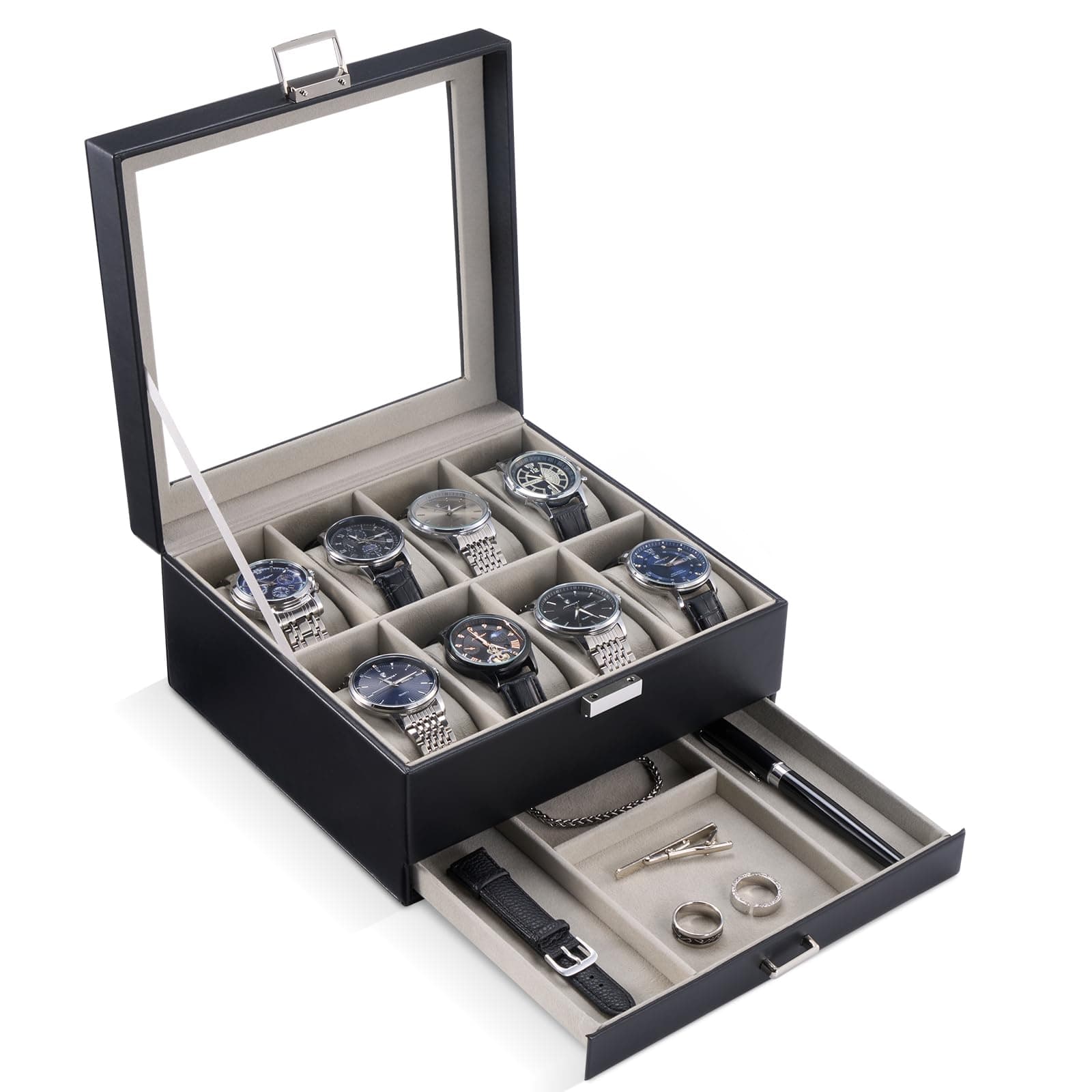 ProCase Caja para Reloj de 8 Ranuras, Estuche Organizador de Relojes de 2 Pisos con Tapa Vidrio Anti-polvo Almacenaje Guardarrelojes para Hombres y Mujeres (Negro)