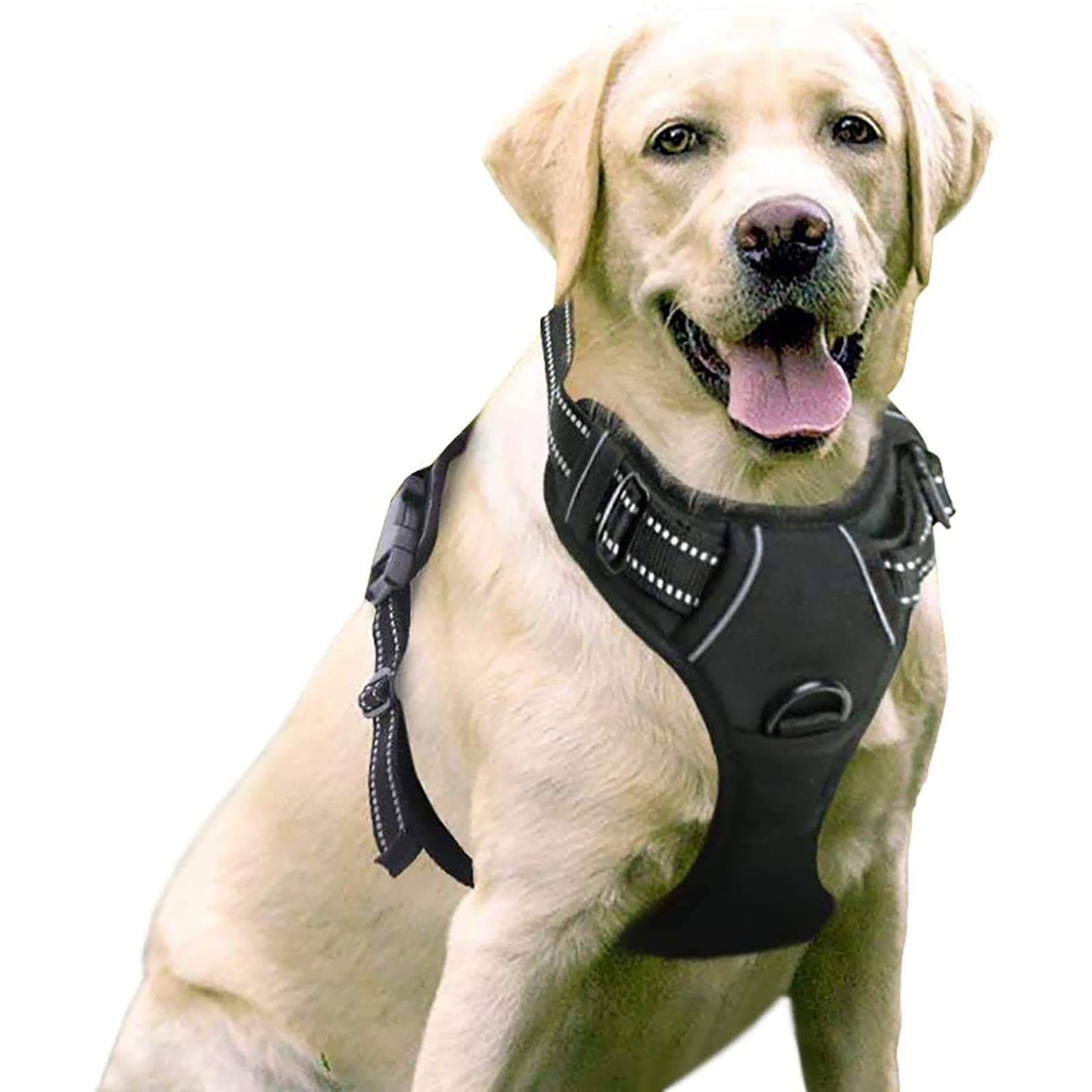 rabbitgoo Harnais Chien Anti Traction, Arnet pour Chiens avec Poignée Contrôl, Facile à Mettre, Gilet Réfléchissant Réglable avec Attache Devant, Harnais pour Chien Moyen Grand, Noir, L