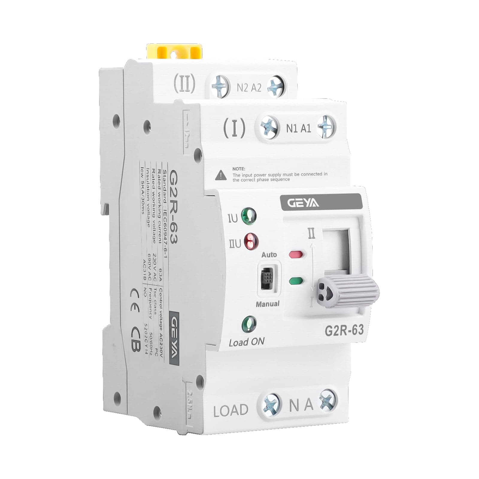GEYA Mini ATS interruptor de transferencia de energía dual automático/manual,dispositivo de protección contra sobretensión y subtensión,montaje en carril DIN(2P-63A,AC220V)