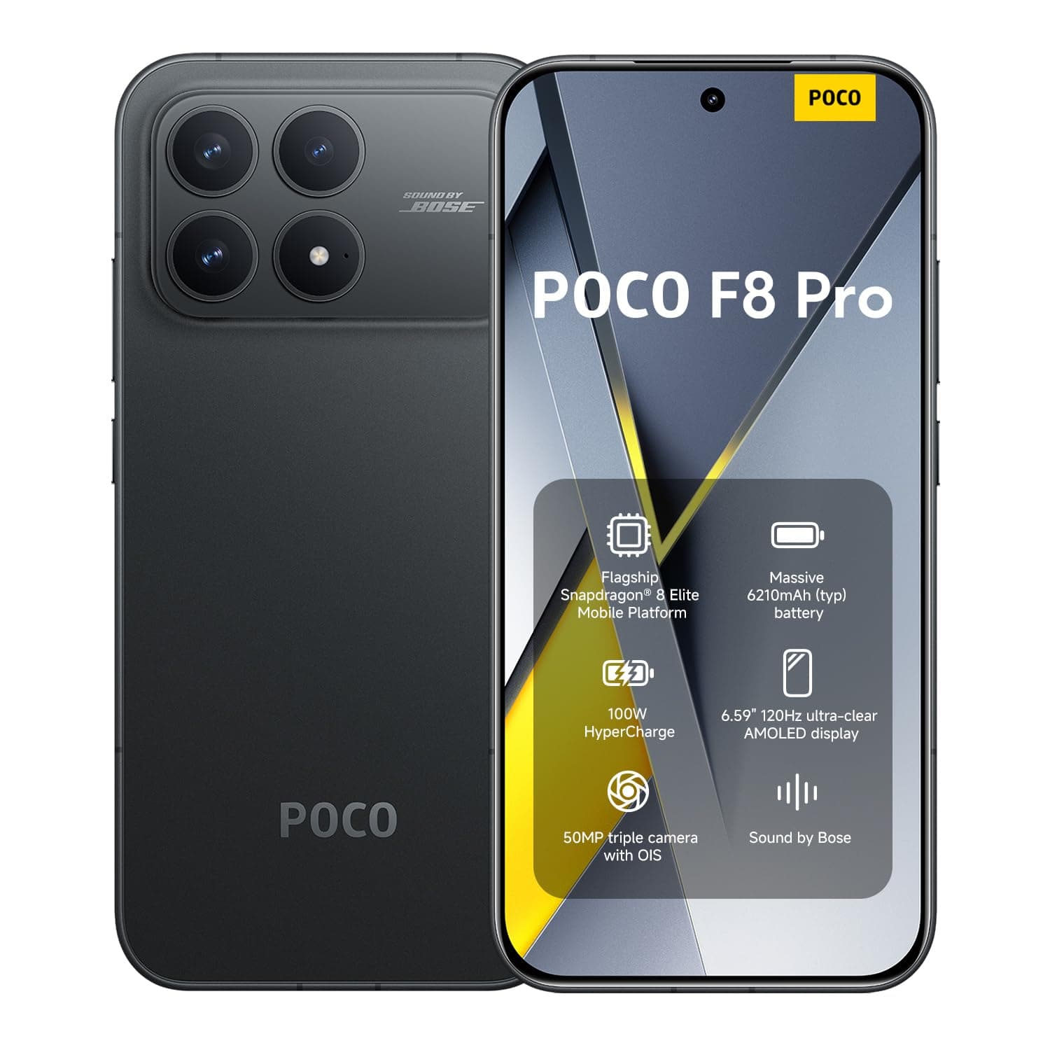 Xiaomi POCO F8 Pro, Smartphone 12+256 Go, écran AMOLED 6,59" 120 Hz, Triple caméra 50 MP avec téléobjectif 60 mm, Son signé Bose, Batterie 6210 mAh, Noir, Garantie 2 Ans, Chargeur Non Inclus.