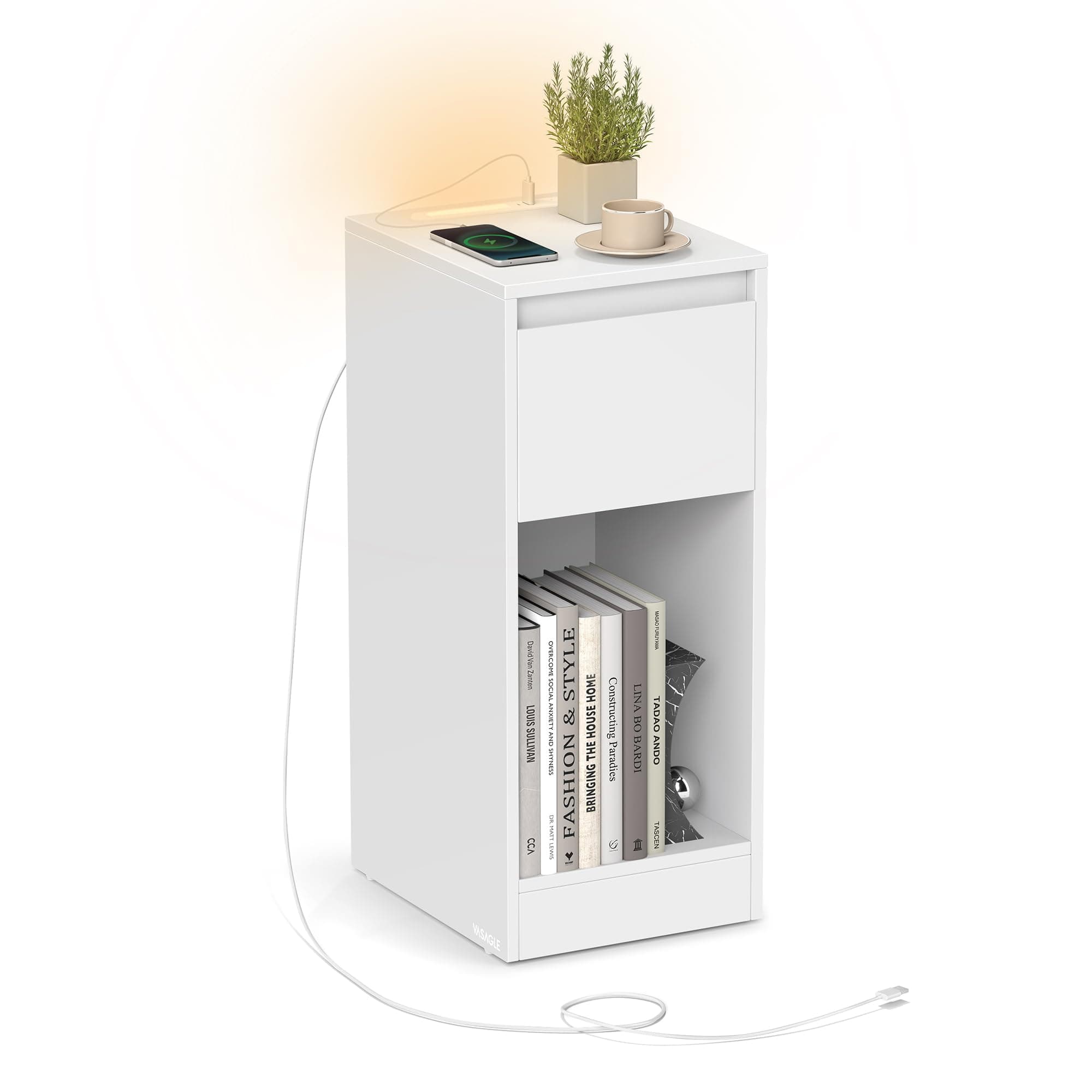 VASAGLE Nachttisch, schmal, Beistelltisch, LED-Beleuchtung, 1 USB-A-Anschluss, 1 USB-C-Anschluss, Schublade, offenes Fach, für Schlafzimmer, Wohnzimmer, wolkenweiß LET610W01