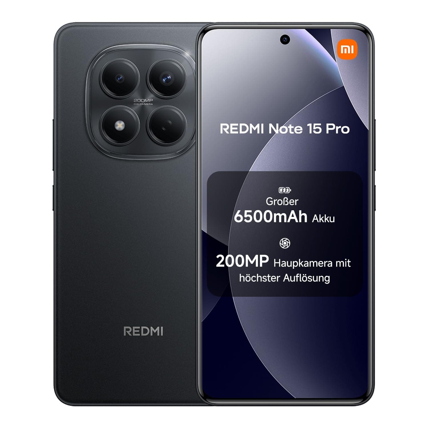 XIAOMI Redmi Note 15 Pro Smartphone (8+256 GB) – 6500-mAh-Akku, 200-MP-Kamera, IP65-Wasserschutz, 6,77" FHD+ AMOLED-Display, Schwarz, 2 Jahre Garantie