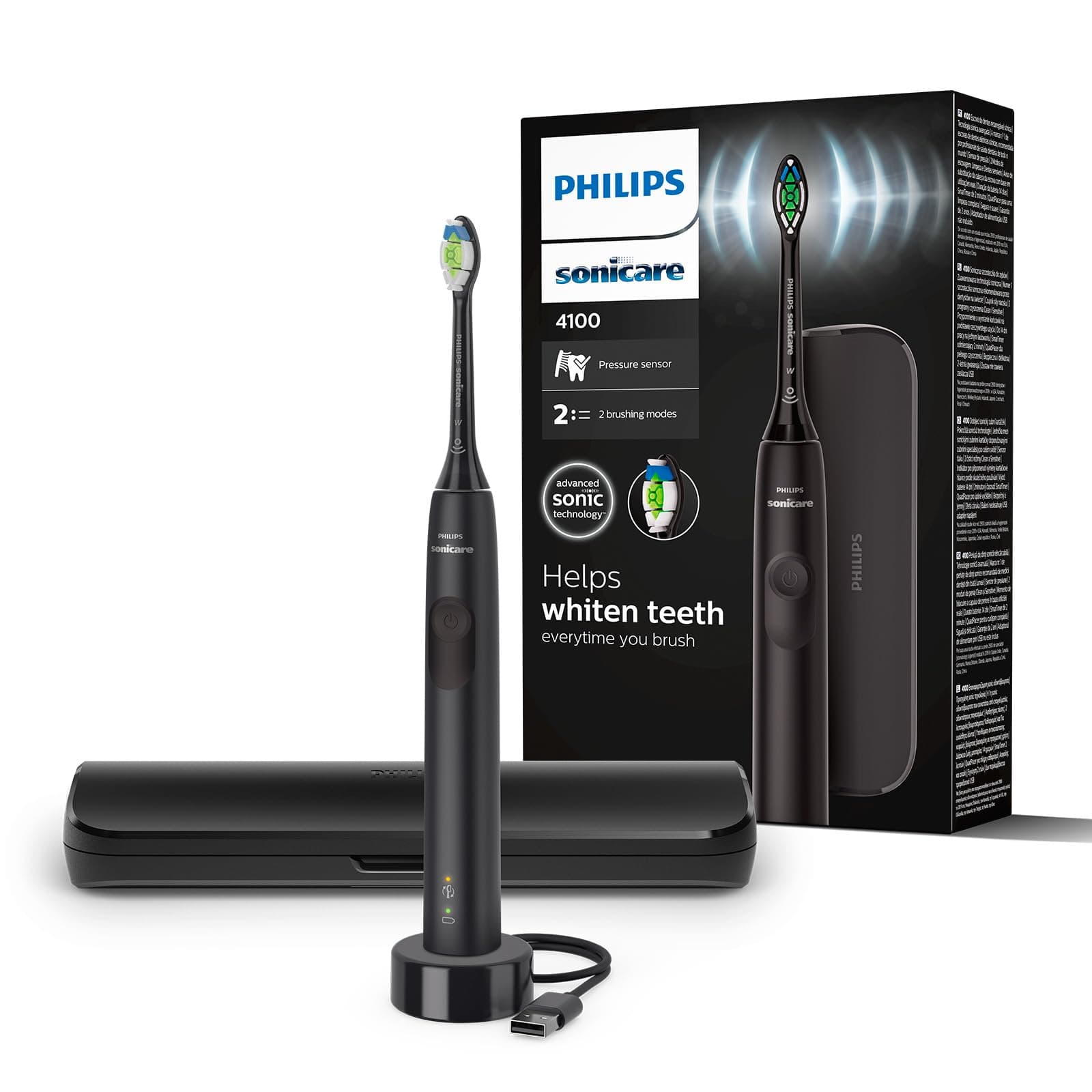 Philips Sonicare 4100 - Spazzolino elettrico Philips Sonicare per adulti con 1 testina sonica Philips W2 Optimal White nera, custodia da viaggio sottile e caricatore USB modello HX3683/54