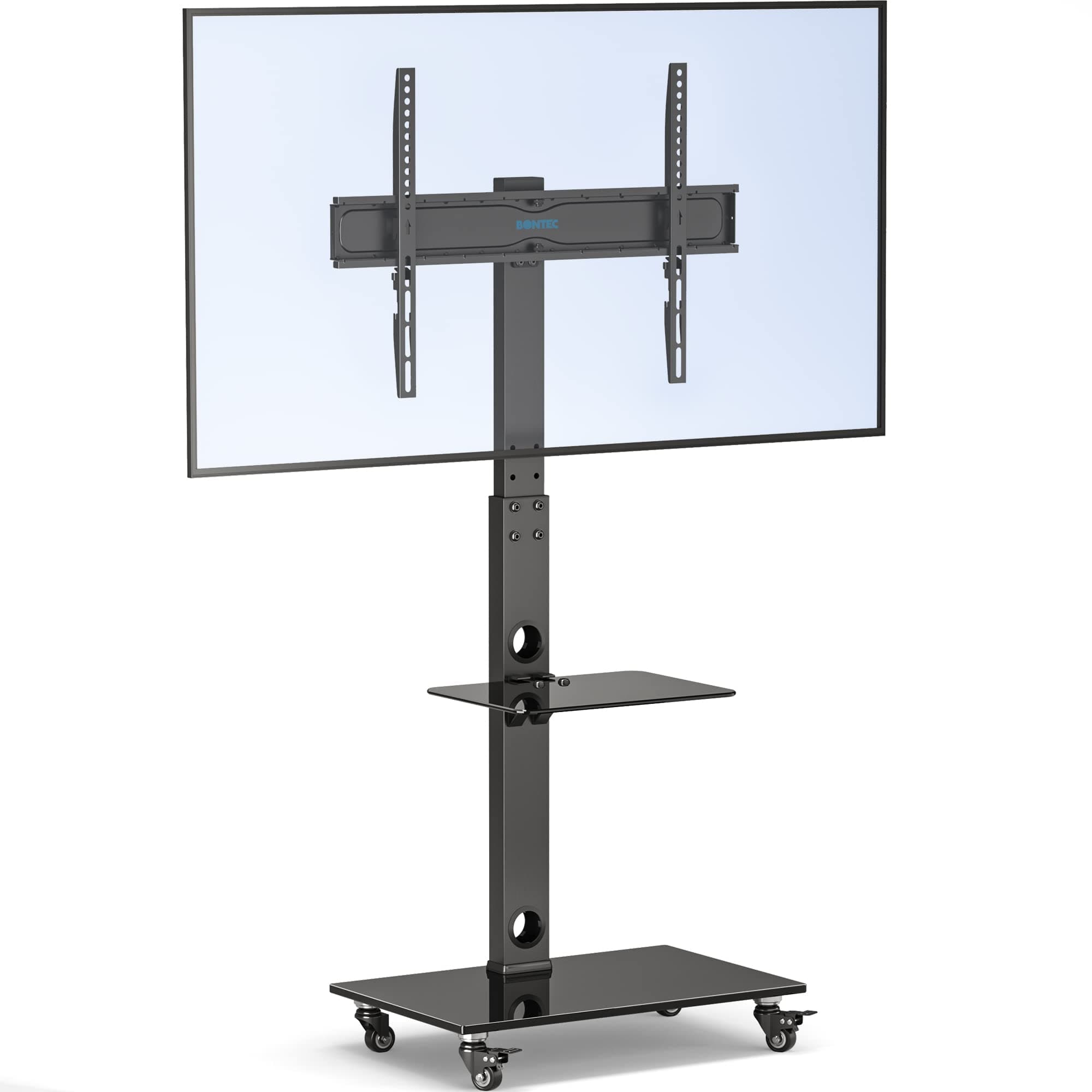 BONTEC Soporte TV Ruedas para Pantallas de 30-70 Pulgadas Plasma/LCD/LED, Soporte TV Altura Ajustable 6 Niveles, 2 Vidrio Templado, hasta 40 kg, Máx. VESA 600x400 mm, Suelo para Salon Oficina Escuela