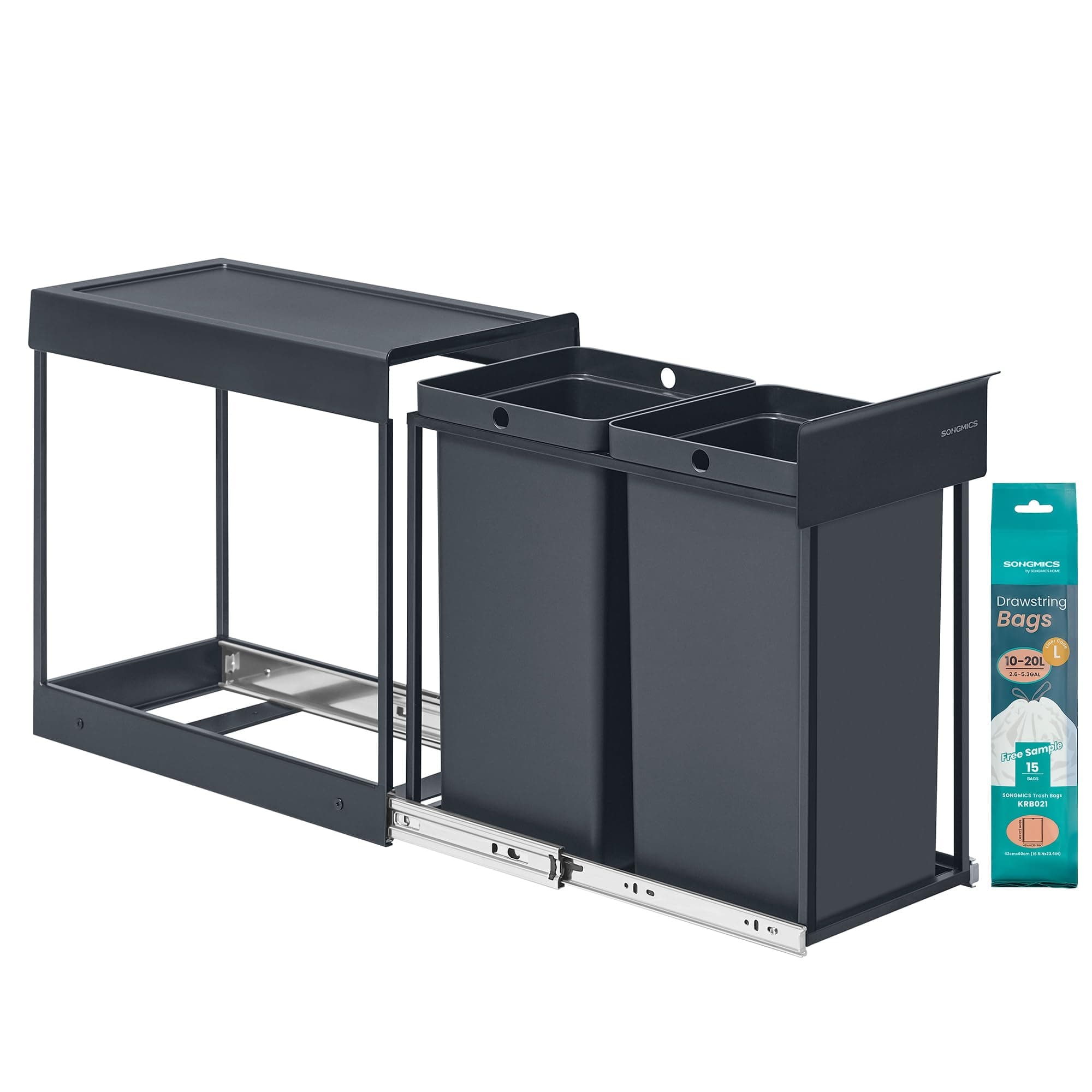 SONGMICS Mülleimer küche, Mülltrennsystem für Unterschrank, 2 x 15 L, Abfalleimer 2 Fächer, ausziehbar, Stahlrahmen, ABS-Deckel, grau LTB950GZ01