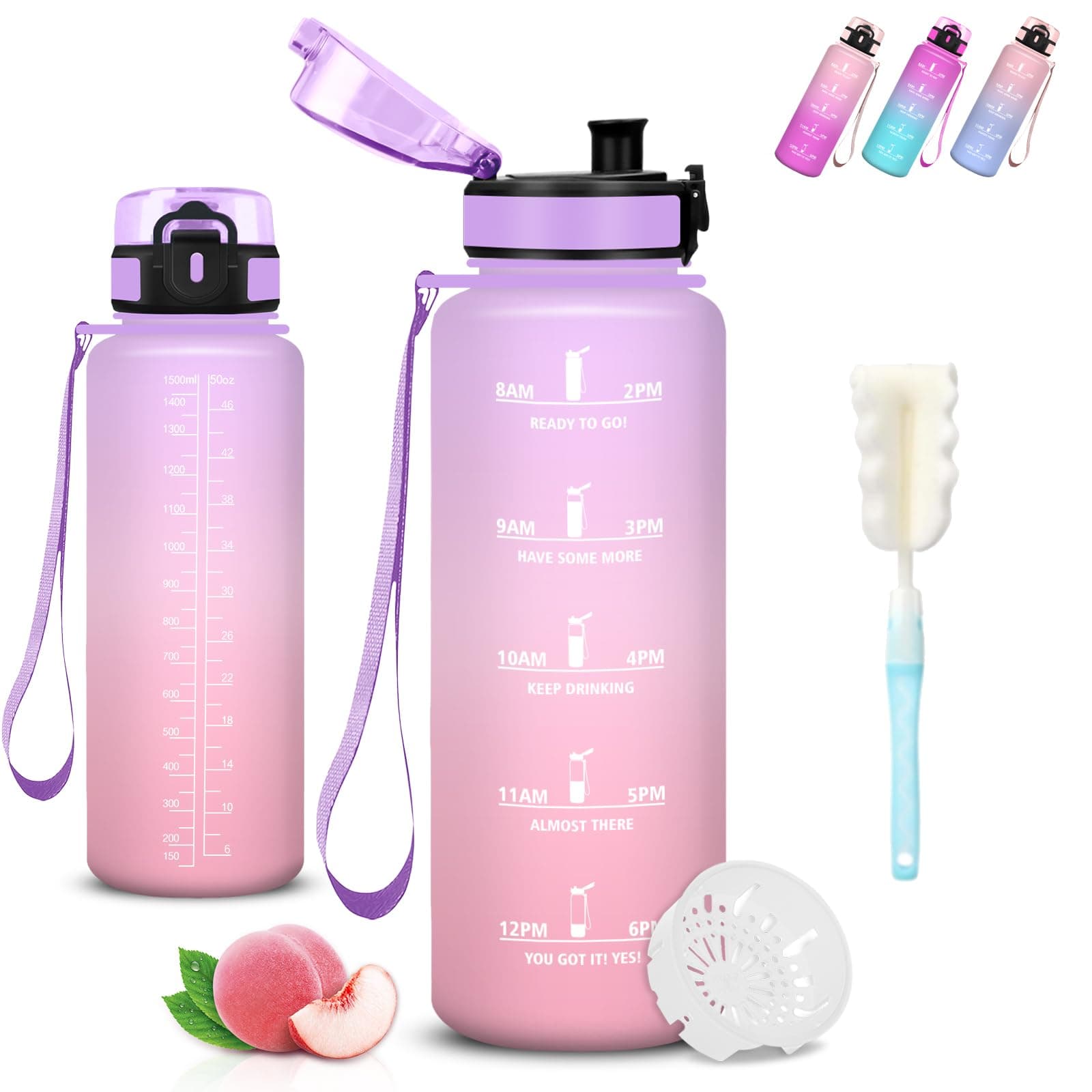 Mujigaga Borraccia 1,5 litri, Borraccia Palestra, Senza Perdite, Borraccie Motivazionale, con Scovolino in Spugna, Con Slogan Motivazionale, Borracce per Triathlon, Campeggio, Viaggio, Escursionismo